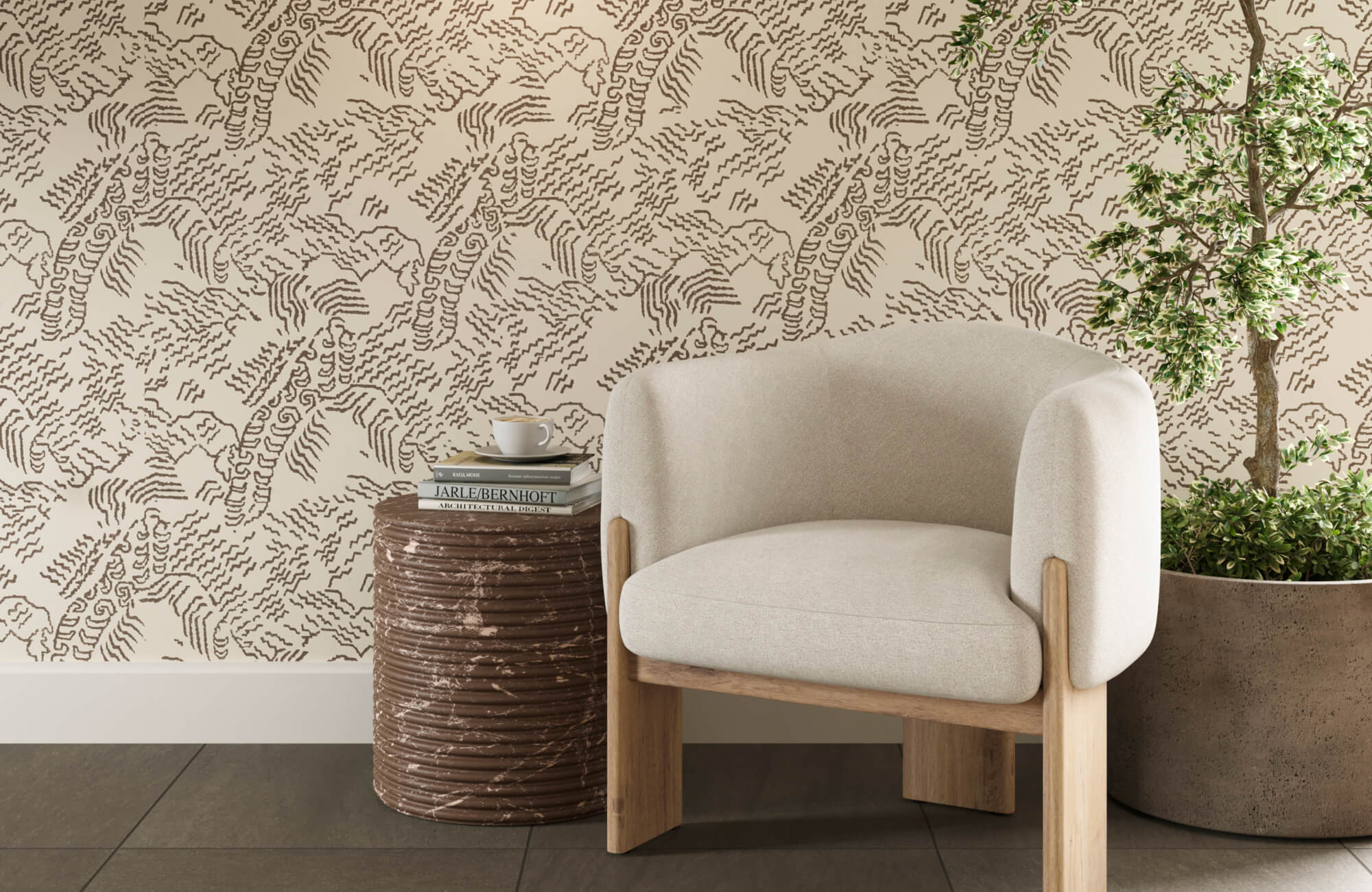 null Taupe-patterned wallpaper brings warmth and understated texture to this minimalist living room corner.