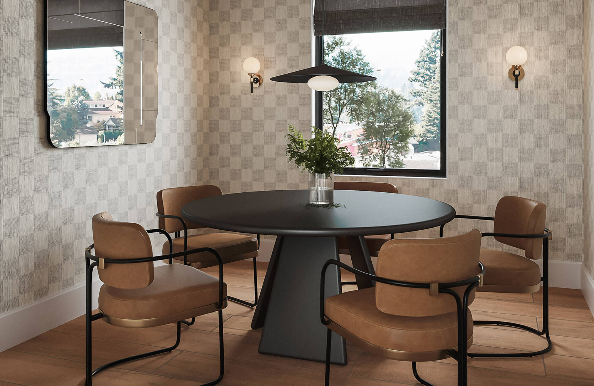 null Mid century dining room with round black table, leather chairs, and subtle grid wallpaper.
