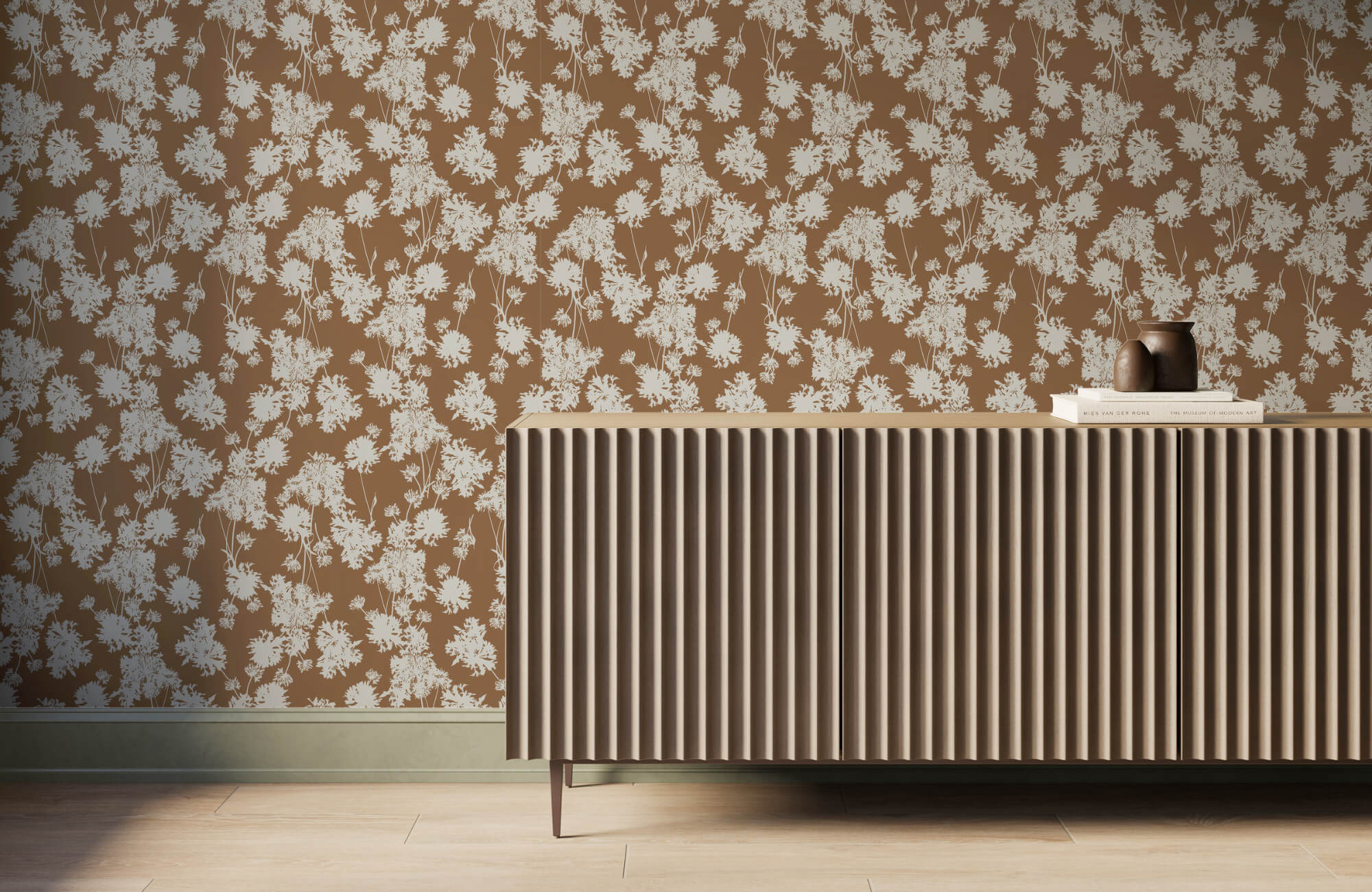 null Fluted sideboard styled against warm brown floral wallpaper in a mid century inspired space.