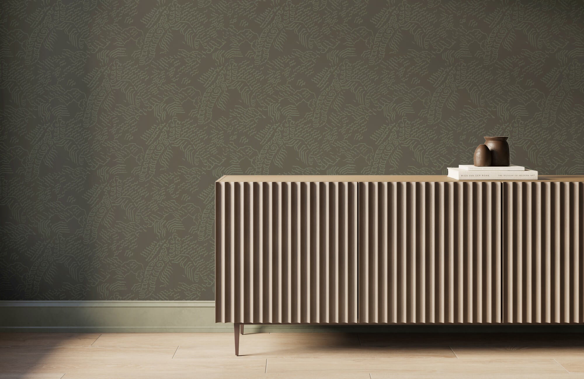 null Modern sideboard set against textured green botanical wallpaper with subtle retro pattern.