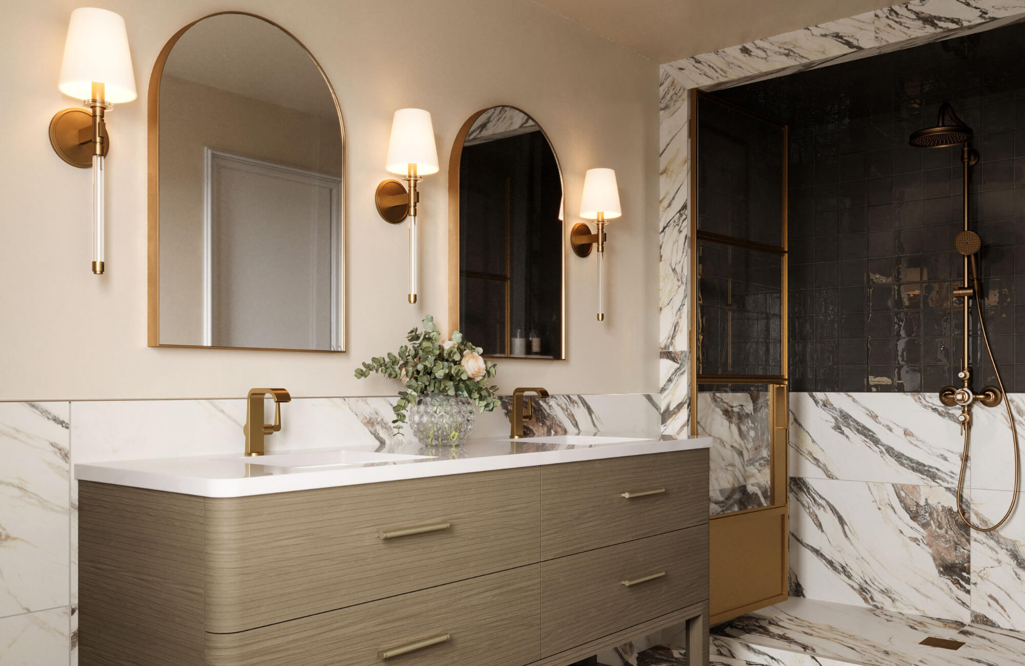 Modern bathroom with dual arched mirrors, brass fixtures, wall sconces, and marble tile accents surrounding a walk-in shower.