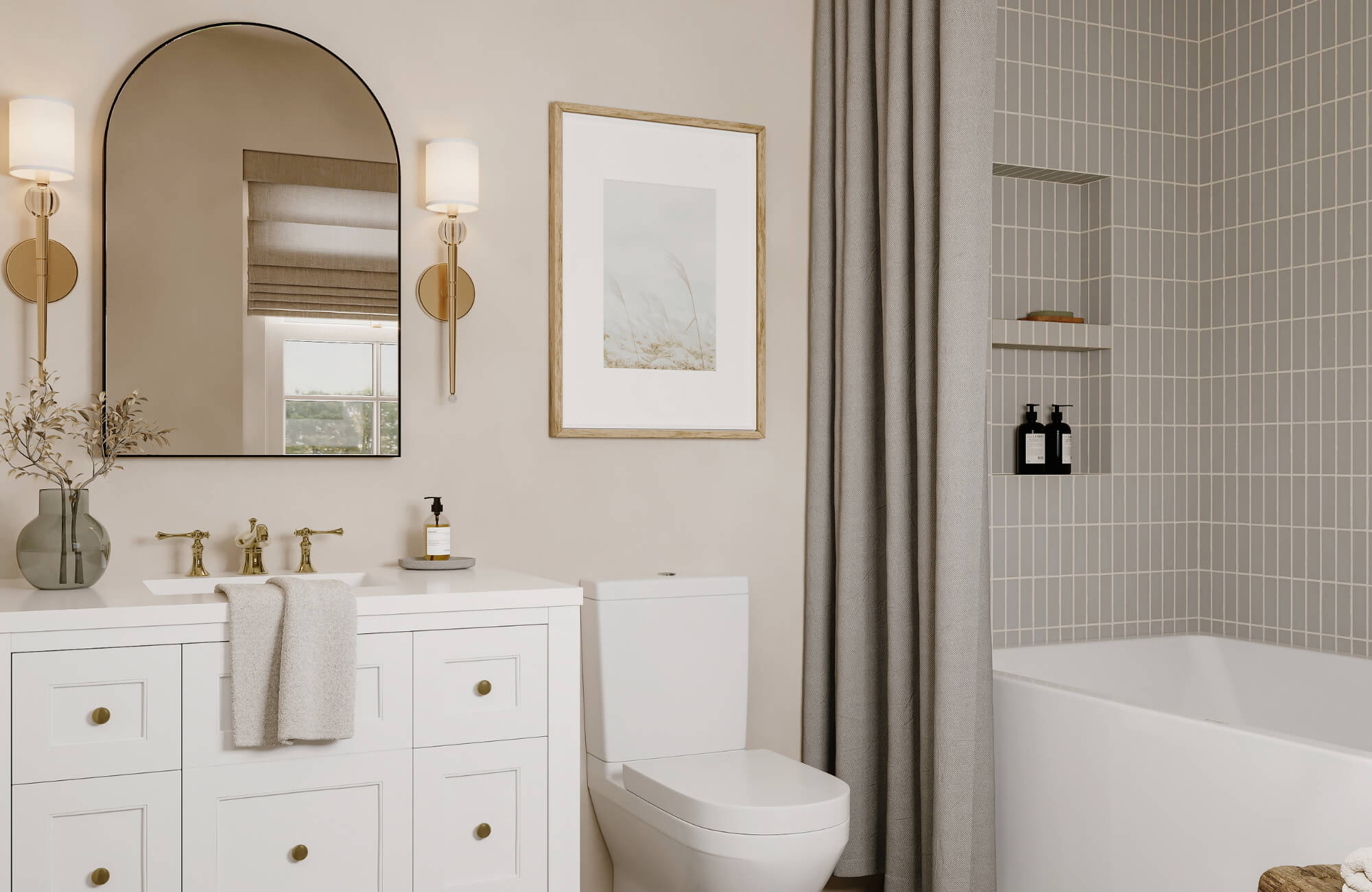 null Modern bathroom with an arched mirror, wall sconces, white vanity, gold fixtures, and a tiled bathtub area with built-in shelving.