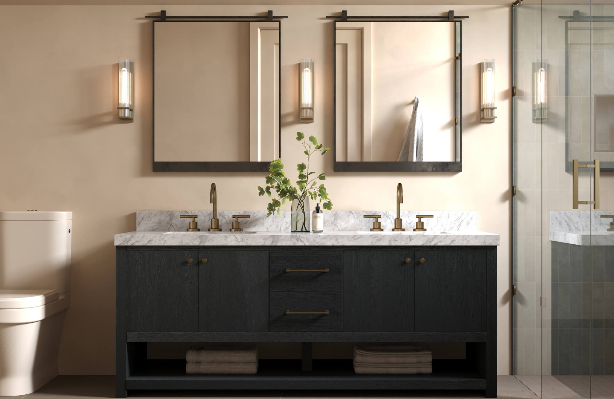 null Contemporary bathroom with dual square mirrors, black vanity, marble countertop, brass fixtures, and wall sconces on a warm neutral wall.