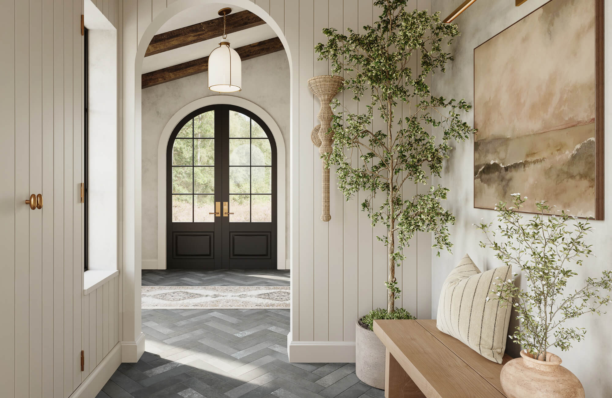 null Bright entryway with arched black double doors, pendant lighting, wood bench seating, potted greenery, and textured wall paneling.