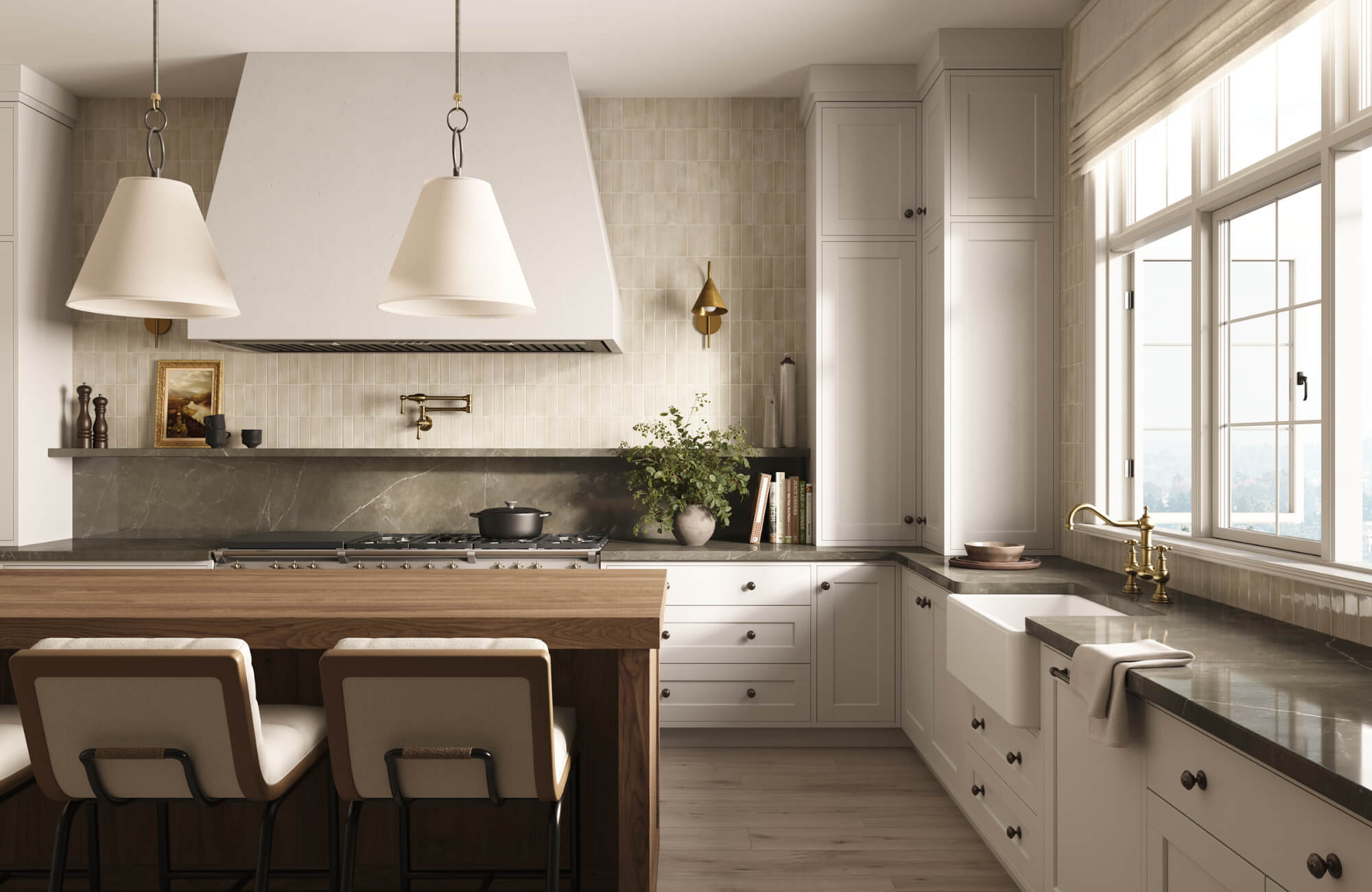 null Bright kitchen with white cabinetry, pendant lights, farmhouse sink, marble counters, and wood island seating under natural light.