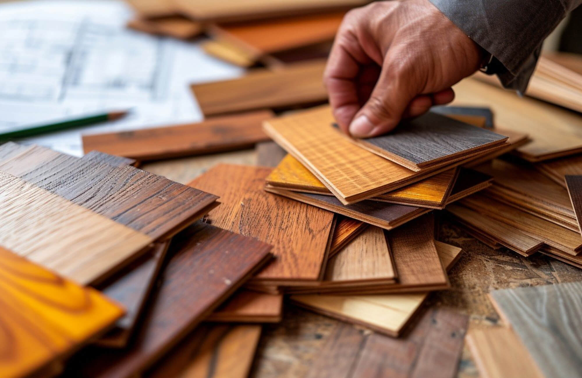null Assorted luxury vinyl plank samples in warm and cool tones are spread across a work table with design plans.