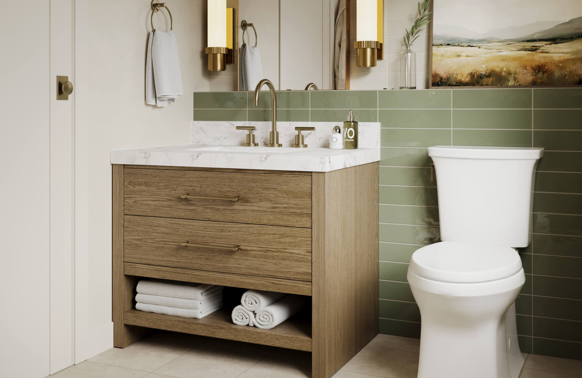 A compact bathroom with a straight vanity in warm wood tones, a white countertop, and green wall tile, showing how a centered vanity layout keeps a narrow space feeling open.