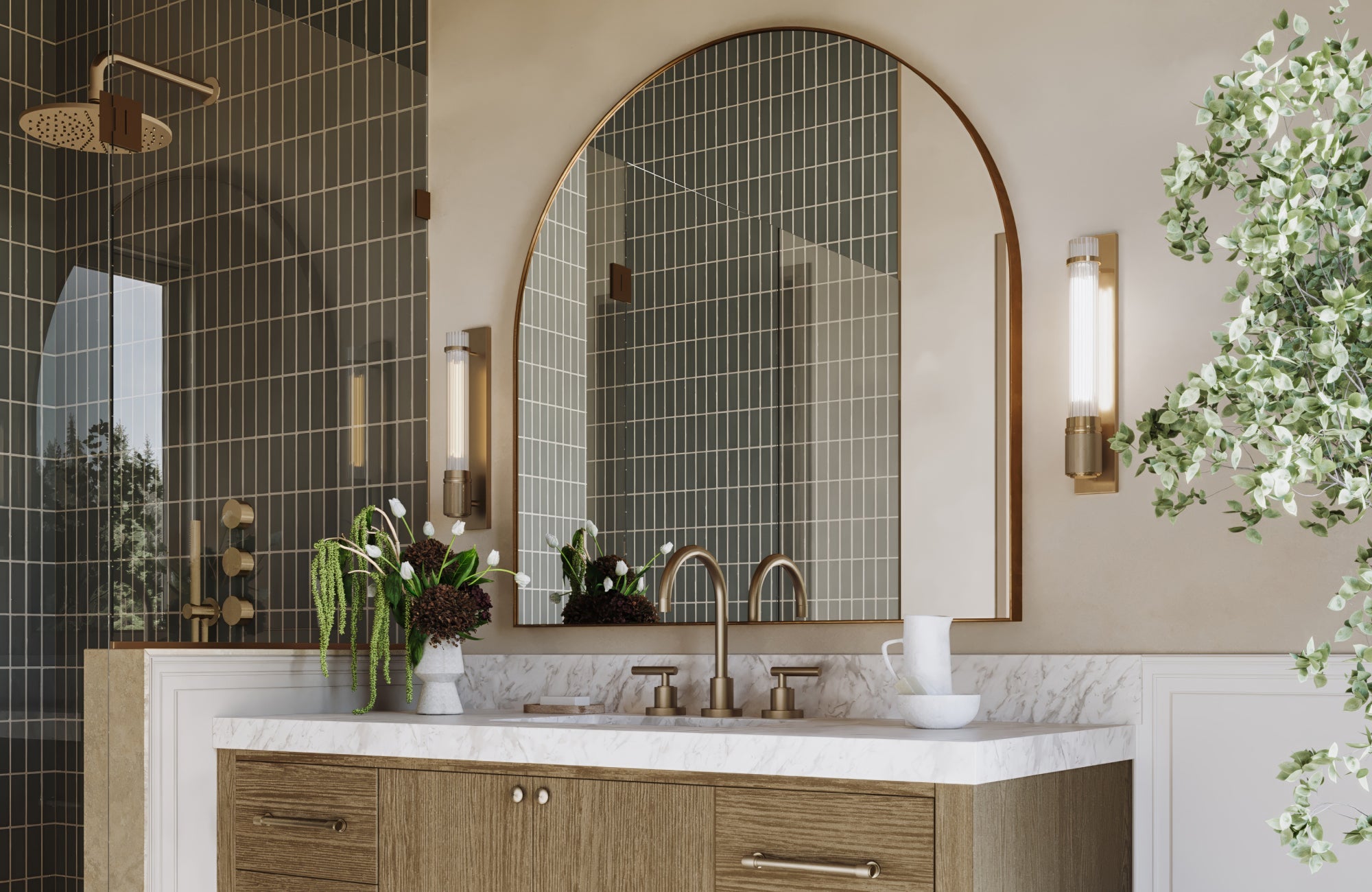 null Arched mirror above bathroom vanity reflecting shower wall and fixtures for soft visual contrast and balance.