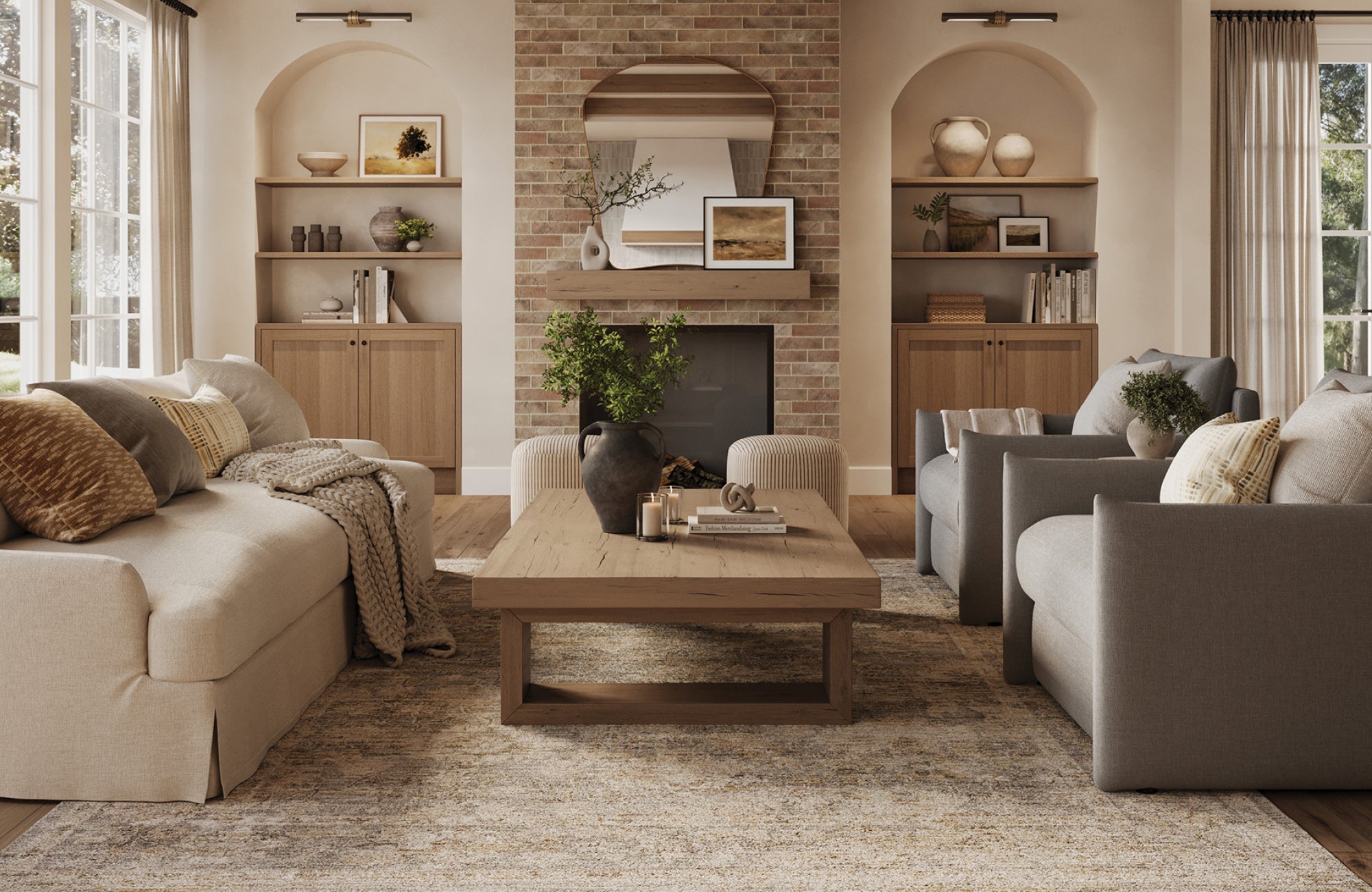 Curved mirror mounted above a brick fireplace mantel, enhancing the living room’s focal point.