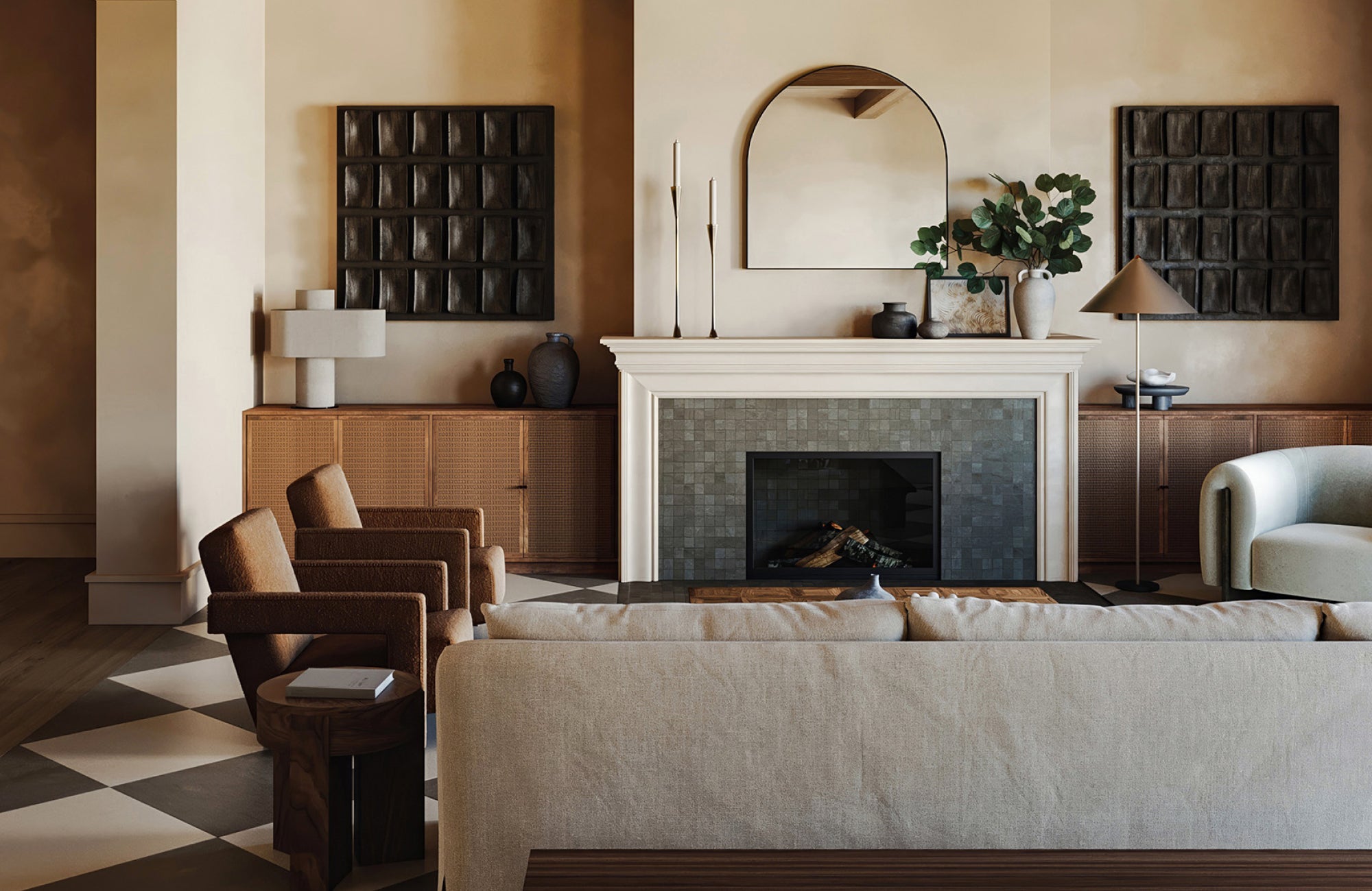 Wide arched mirror centered above a traditional fireplace mantel, adding balance to the living room.