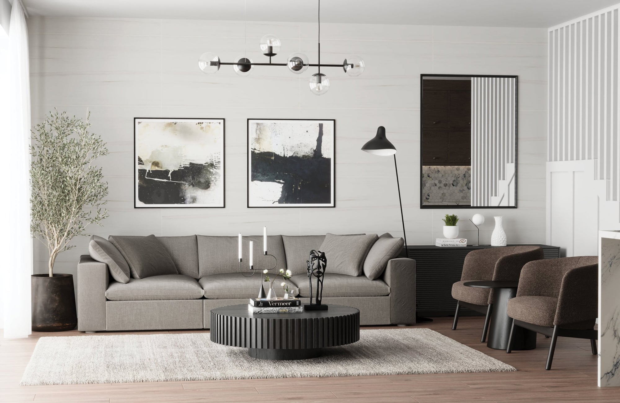 Rectangular mirror hung above a sideboard beside modern seating in a contemporary living room.