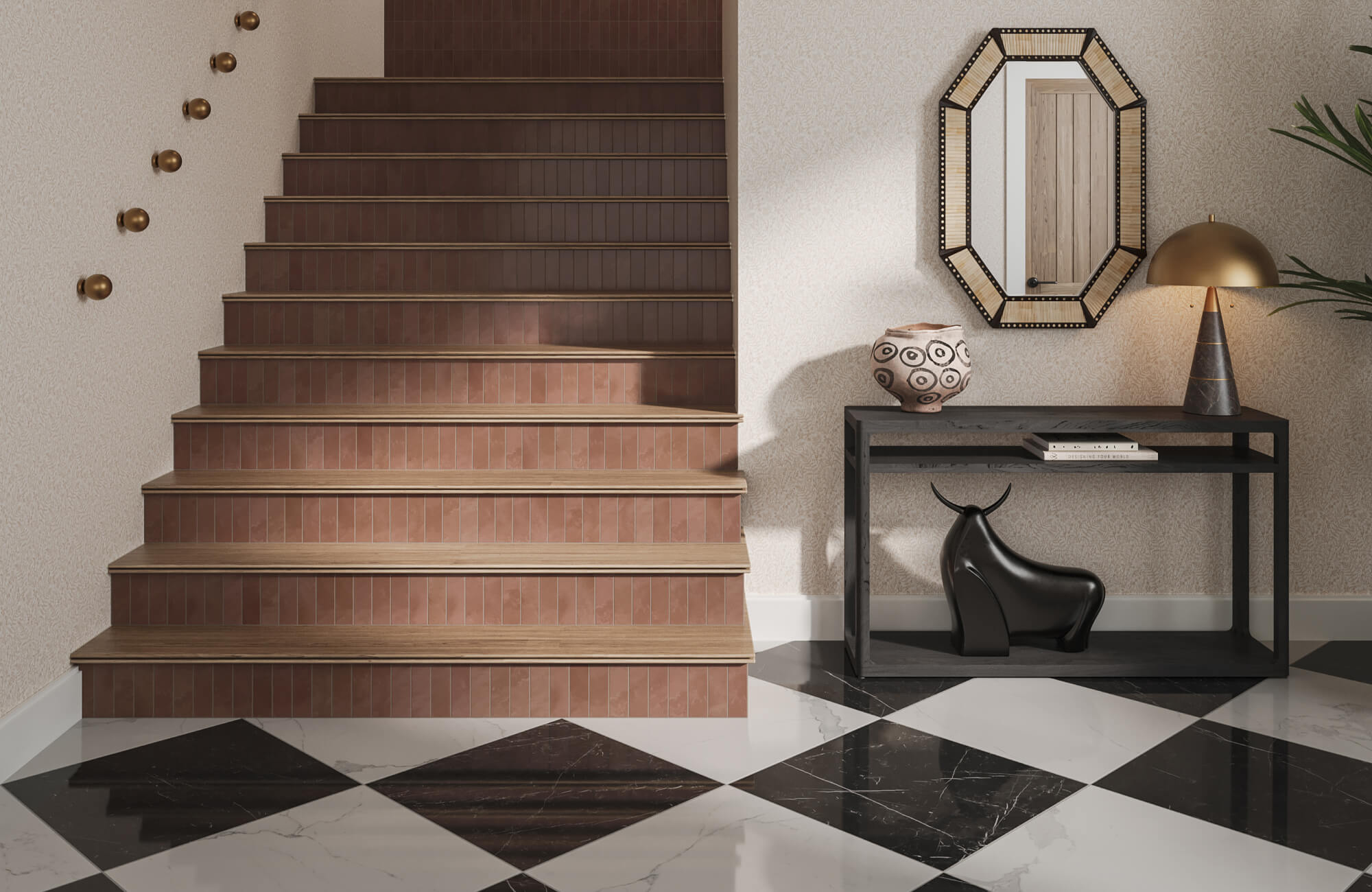 Elegant entryway with a black animal art piece under a dark console table, an octagonal wood mirror, a gold lamp, and a bold black and white tiled floor.