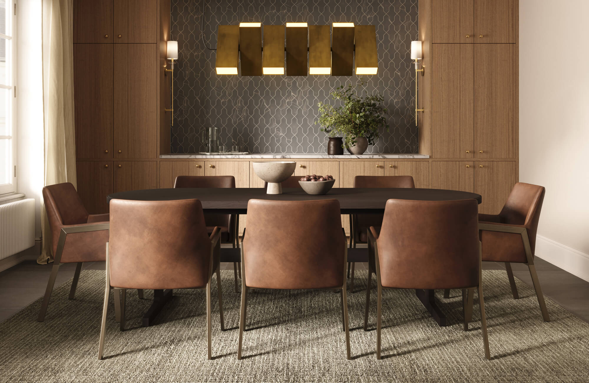 Large rectangular rug centered beneath a long dining table, allowing chairs to remain on the rug when pulled back