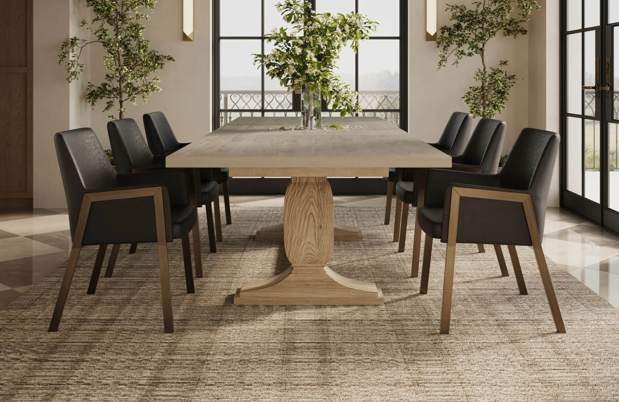 Oversized rug grounding a long dining table in a spacious room, with even borders visible on all sides
