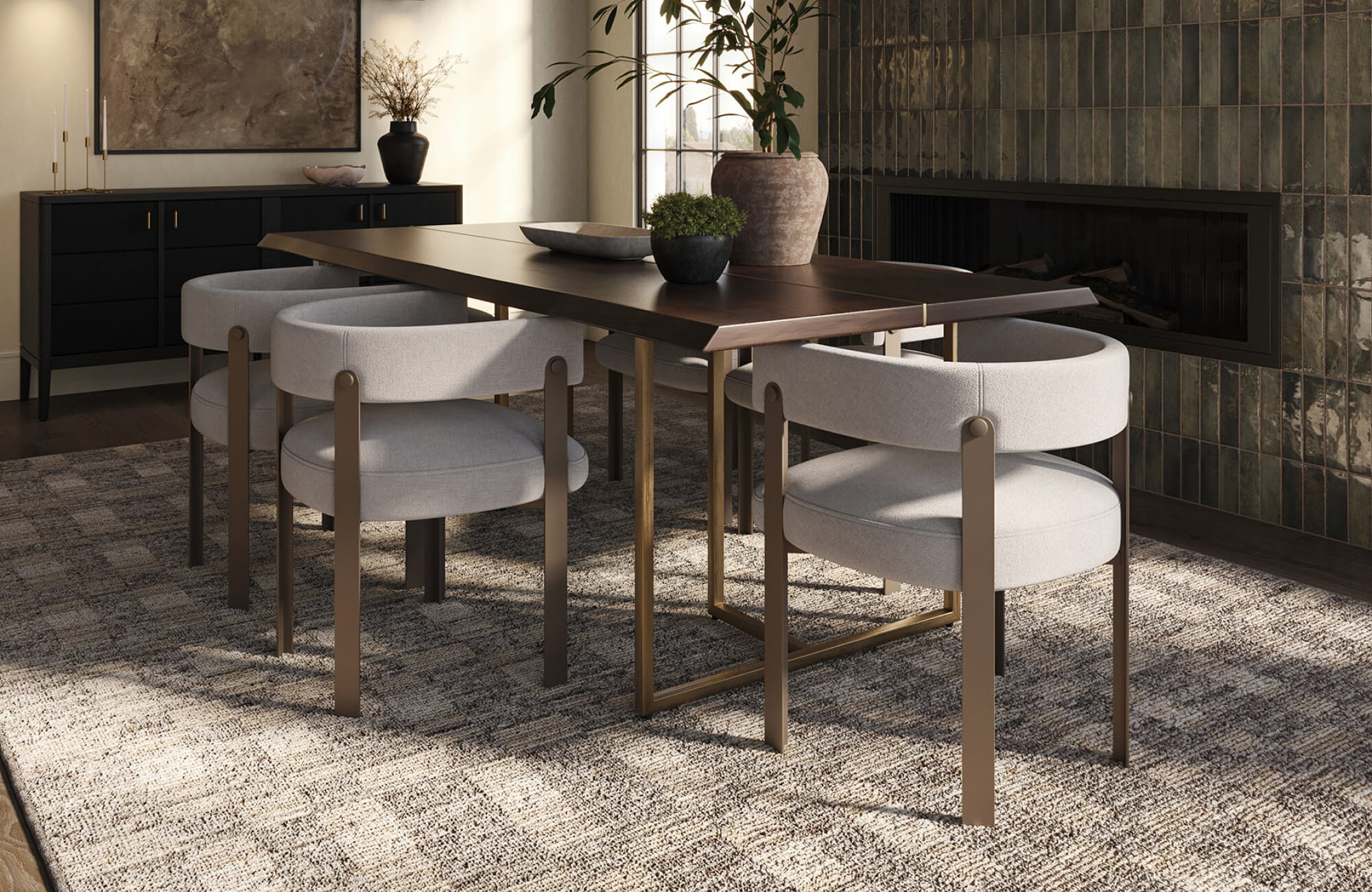Dining rug positioned beneath table and chairs, with nearby storage kept outside the rug for visual separation