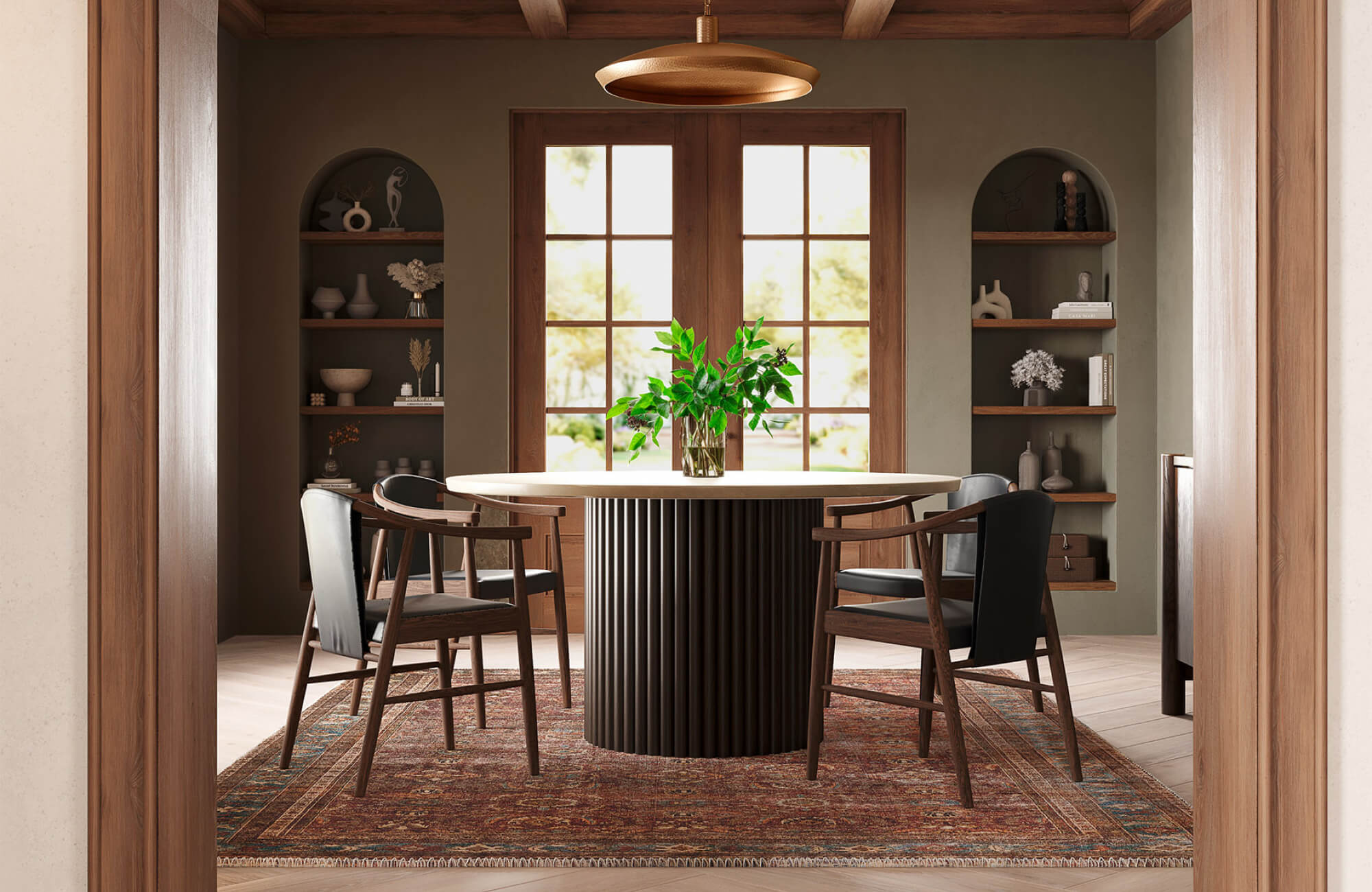 Rug centered beneath a round dining table, framed evenly to create visual balance within an enclosed dining room
