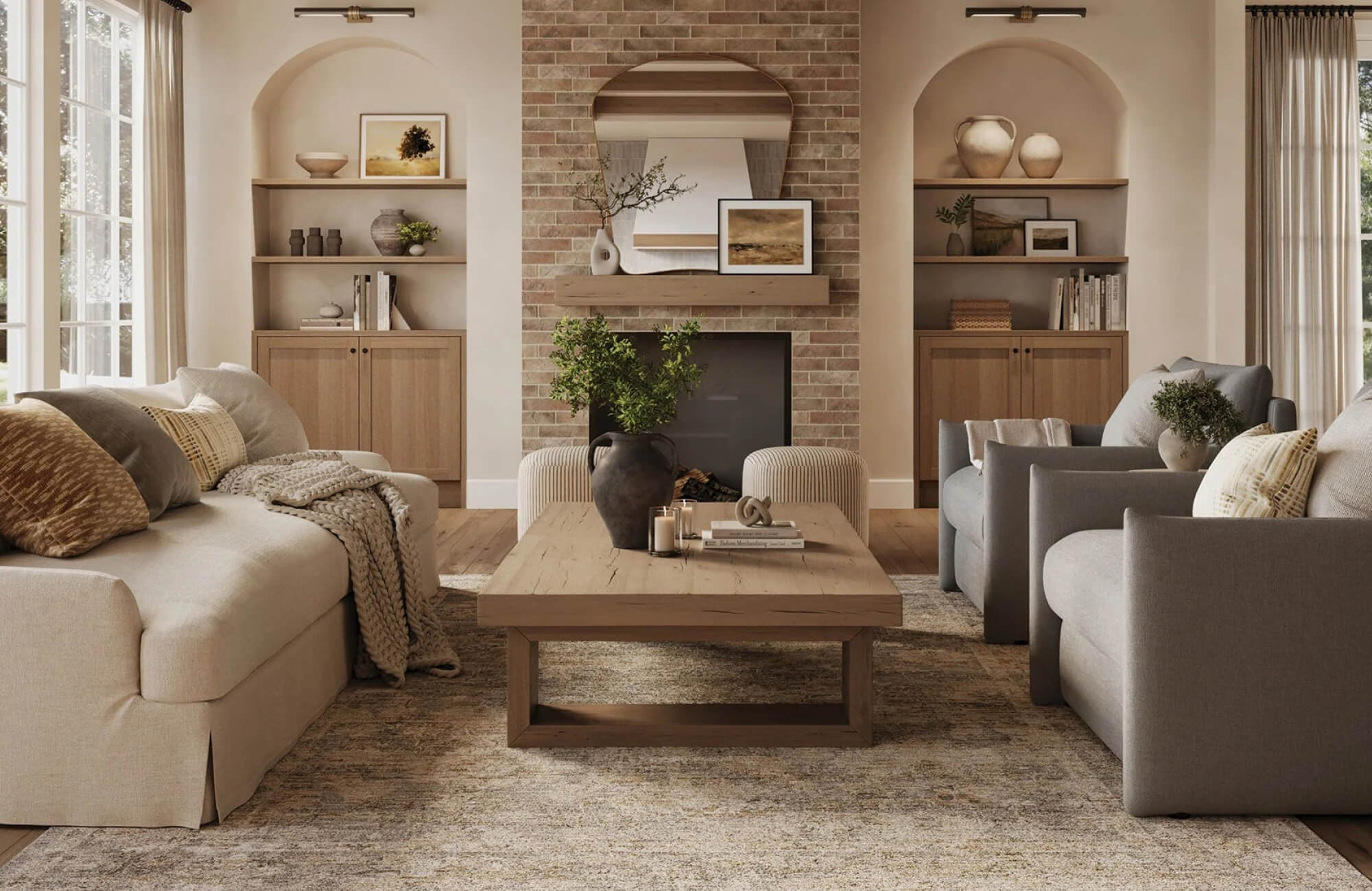 Arch mirror mounted over brick fireplace, echoing arched wall niches in living room