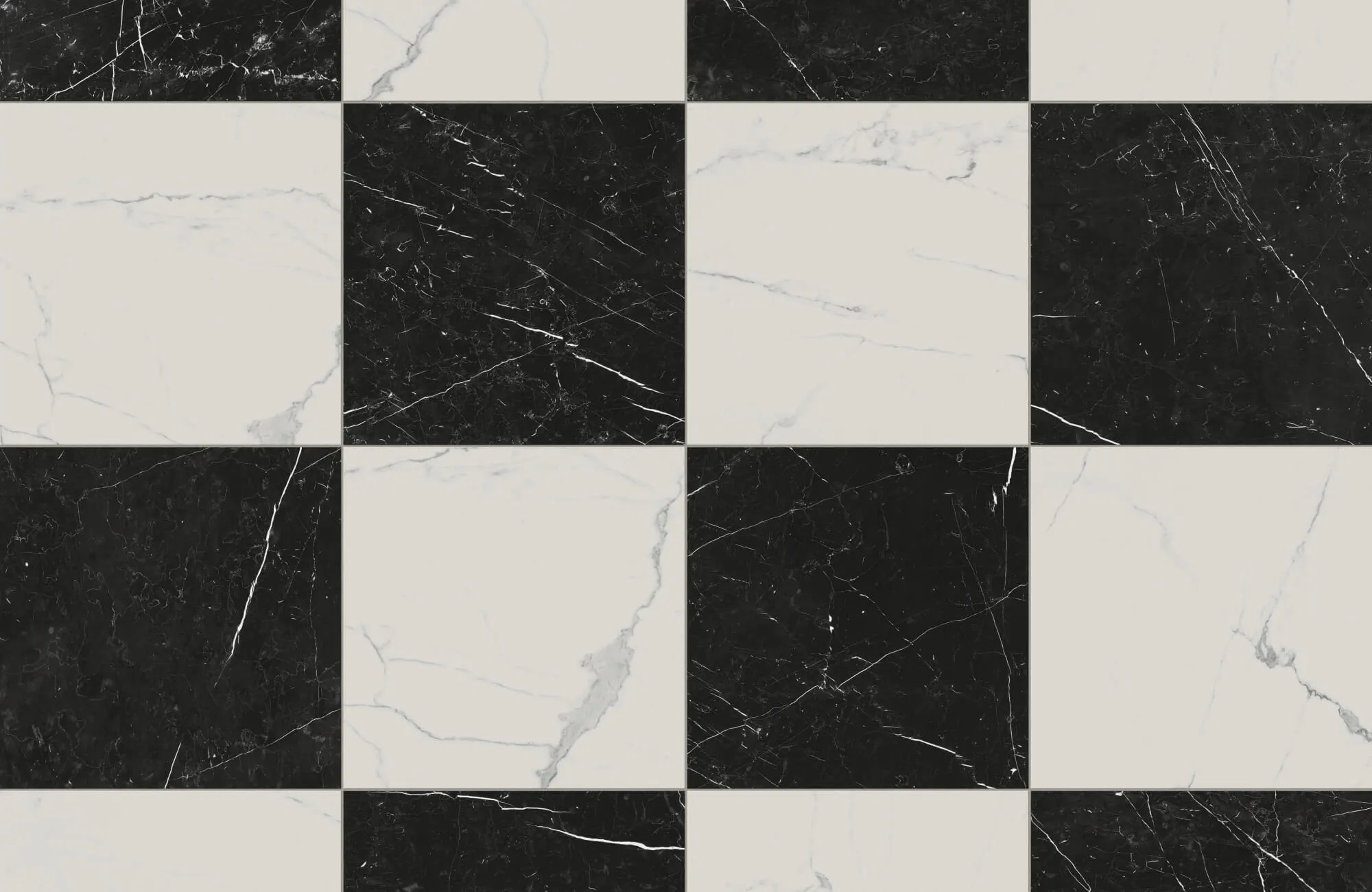 Luxurious checkerboard pattern of 24x24 matte porcelain tiles, featuring striking Calacatta and Nero Marquina marble-look design for timeless elegance.