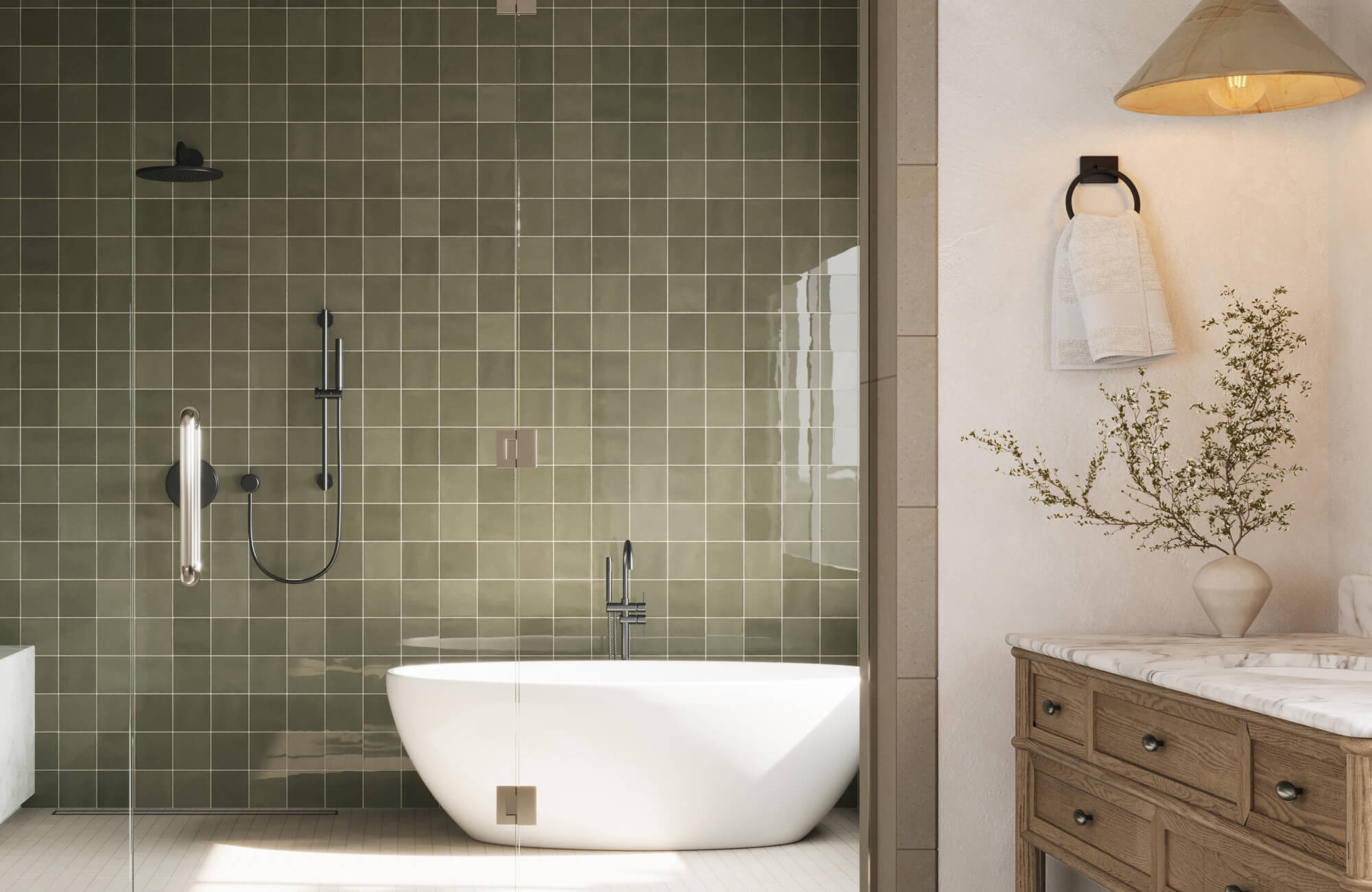 null Sleek bathroom featuring glossy olive green square tiles, a modern soaking tub, and warm wood vanity with marble top.