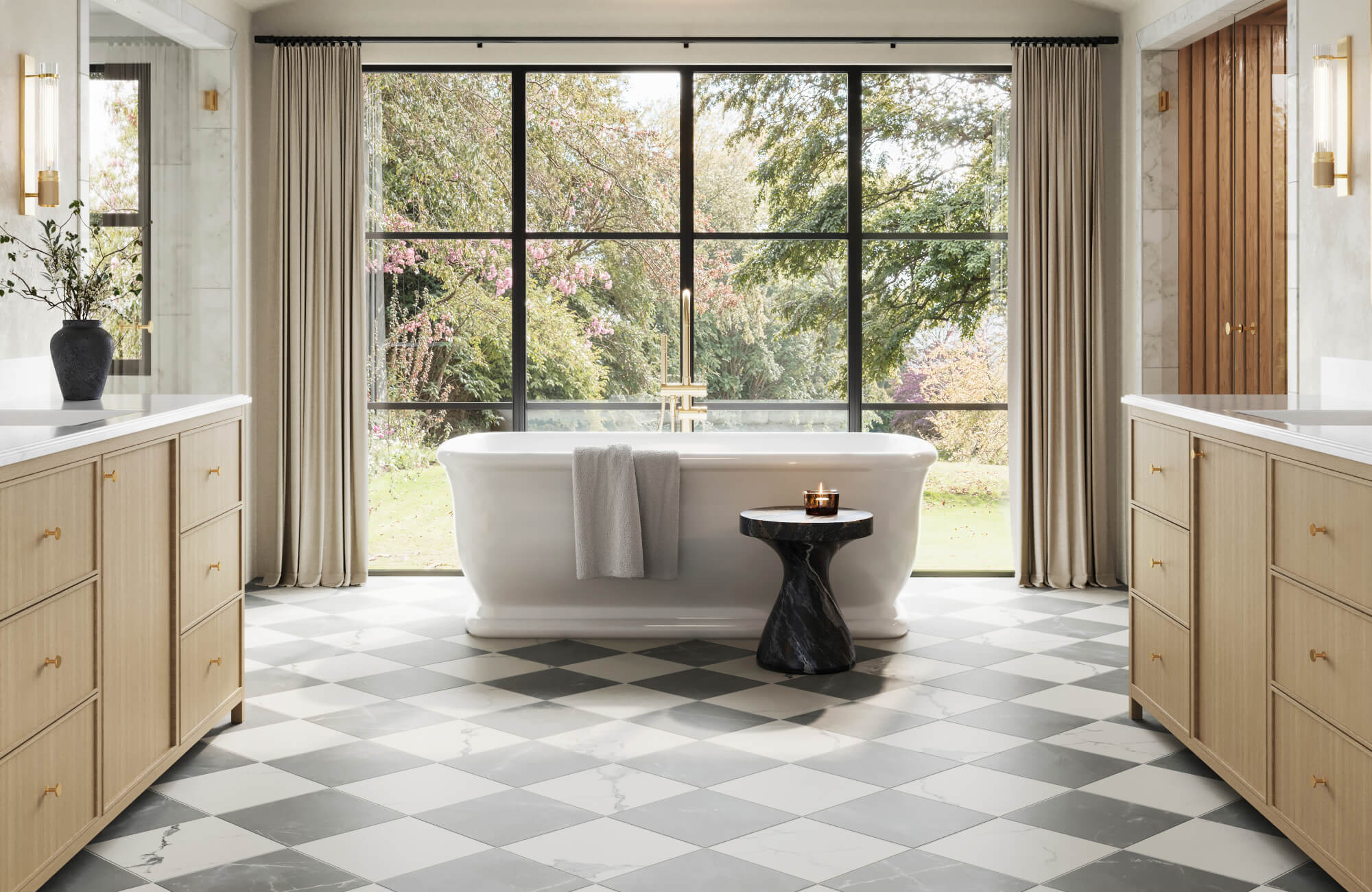 null Elegant bathroom with large window views and gray-and-white checkerboard marble tiles enhancing a luxurious freestanding tub.