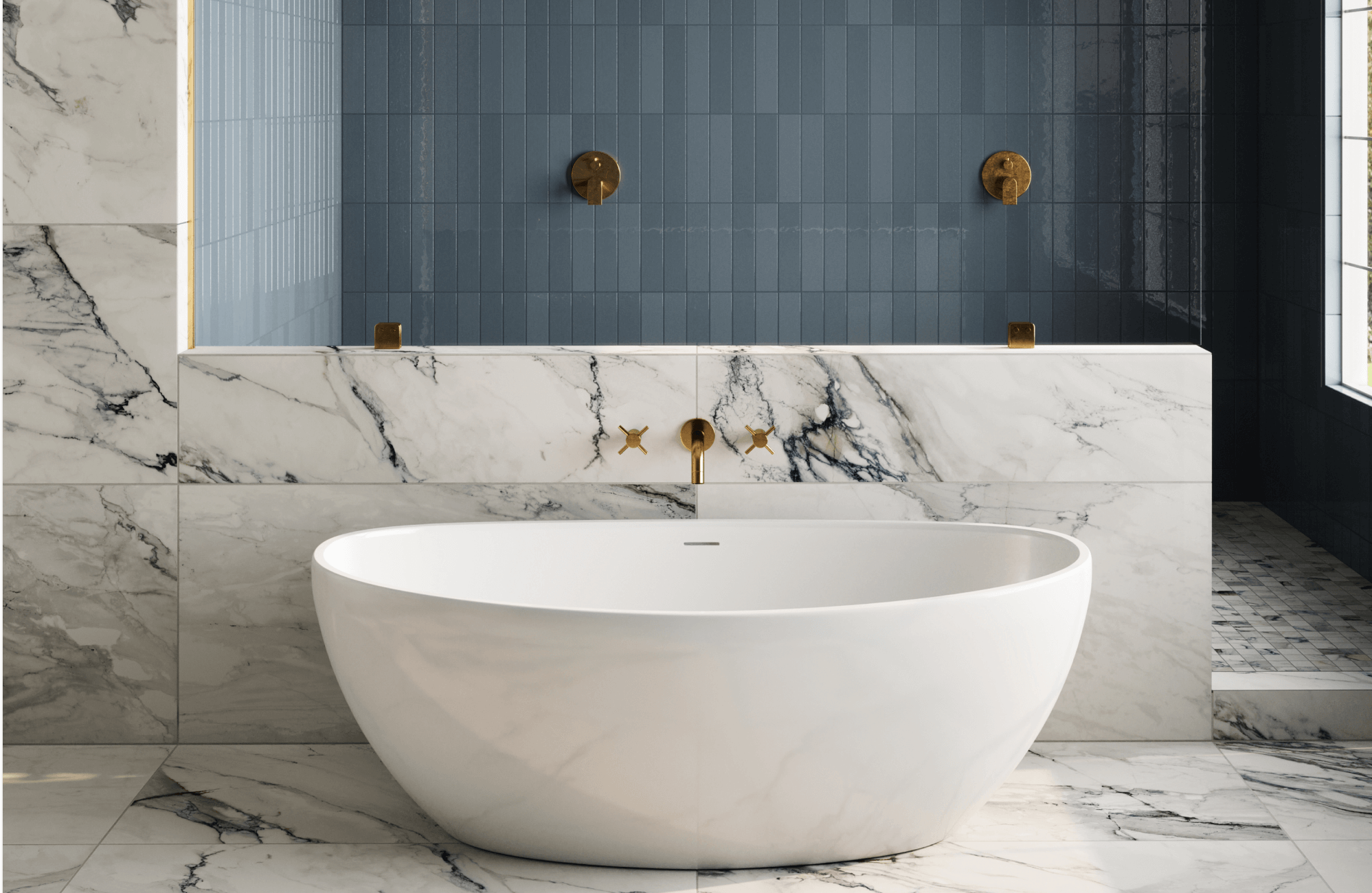null Luxurious bathroom featuring a freestanding white marble bathtub, white marble walls, and navy blue vertical tiles, with brass fixtures adding a touch of elegance.
