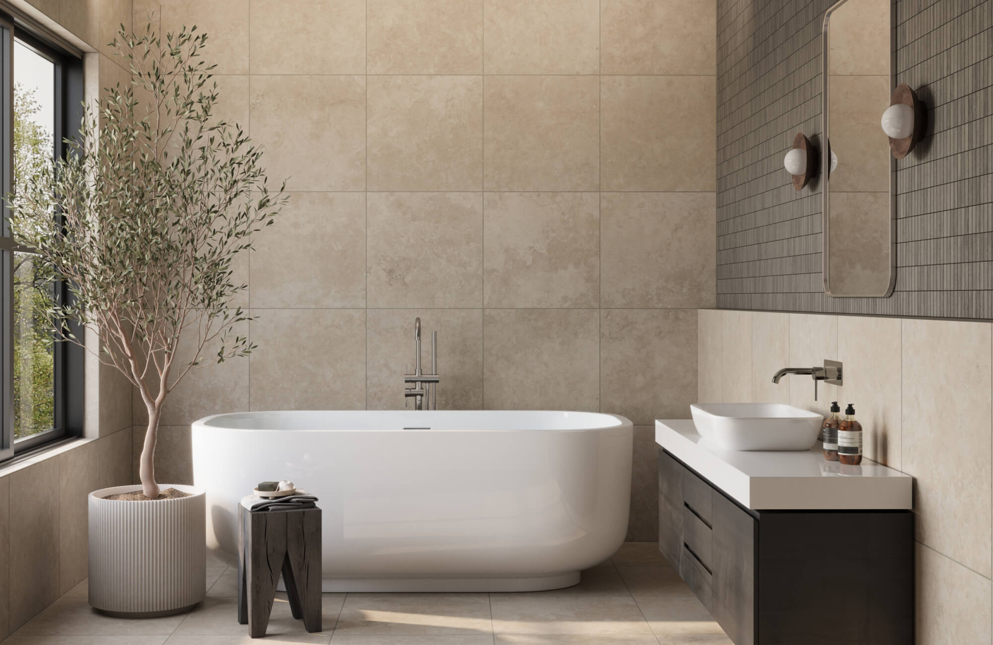 null Contemporary bathroom with large matte stone-look tiles, freestanding tub, floating vanity, and textured accent wall.