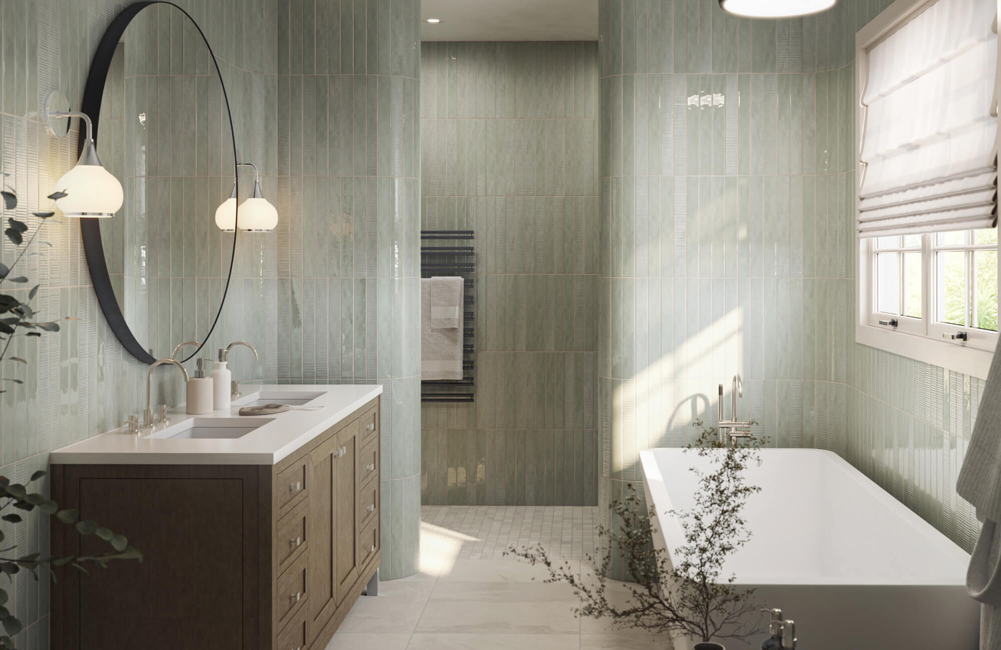 Glossy green bathroom tile with vertical linear texture, creating a spa-inspired space around a freestanding tub, walk-in shower, and modern wood vanity.