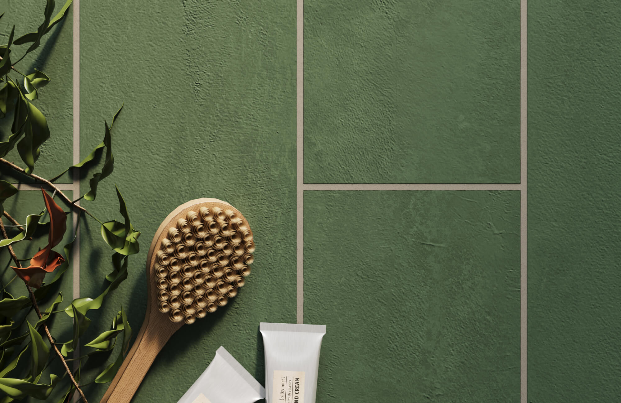 Textured green tiles with a matte finish, paired with natural elements like a wooden bath brush and botanical accents for a refreshing, organic vibe.