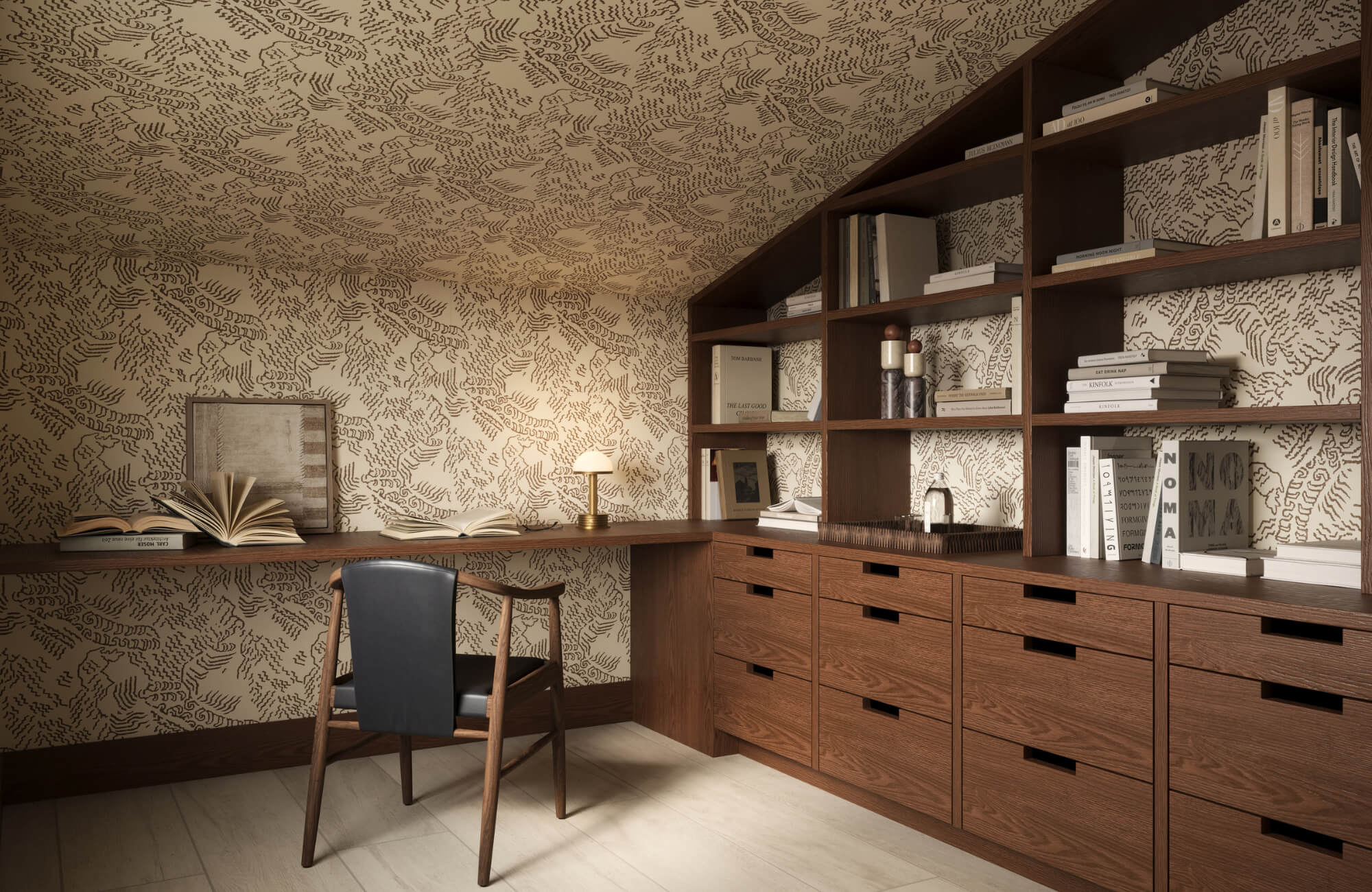 Cozy home office with textured abstract wallpaper, wood shelving, and desk, creating a warm, focused and grounded workspace.
