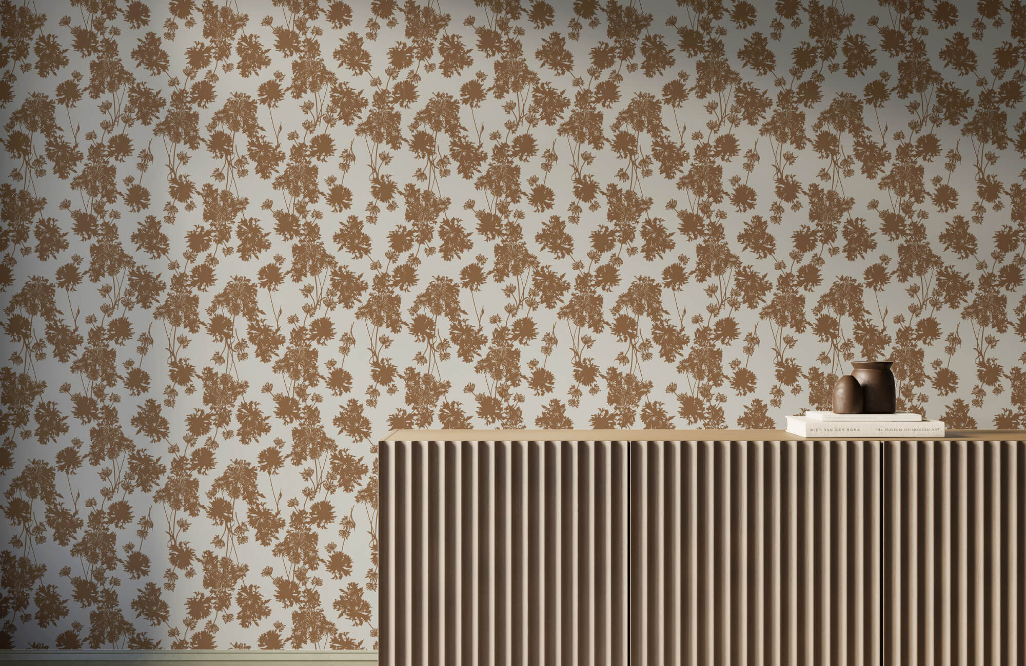 Neutral floral wallpaper behind a fluted console, adding subtle pattern, warmth, and a soft organic feel to the space.