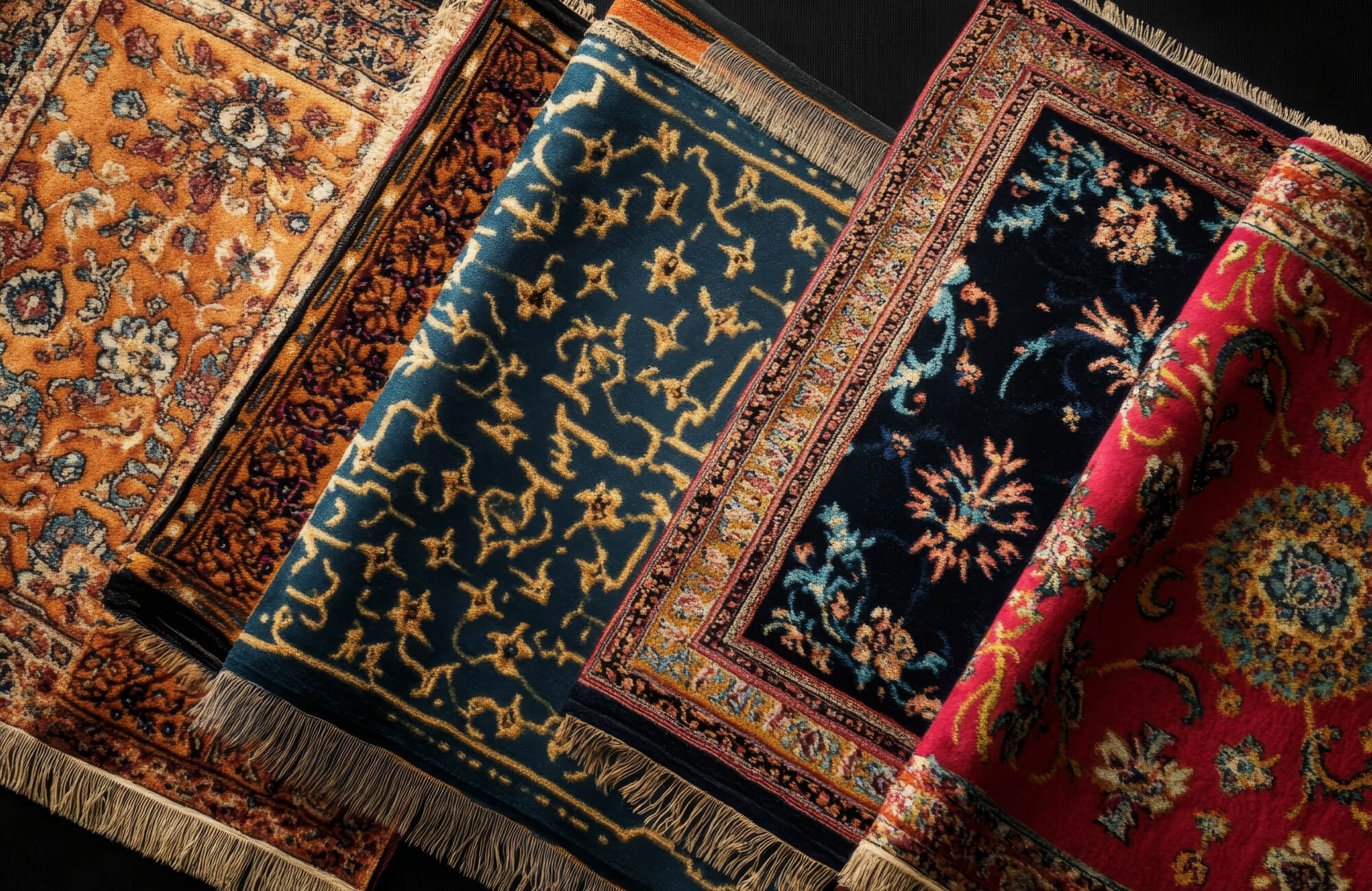 null Detailed view of classic patterned rugs in gold, teal, black, and red tones, highlighting ornate borders and textures for vibrant, space-defining style.