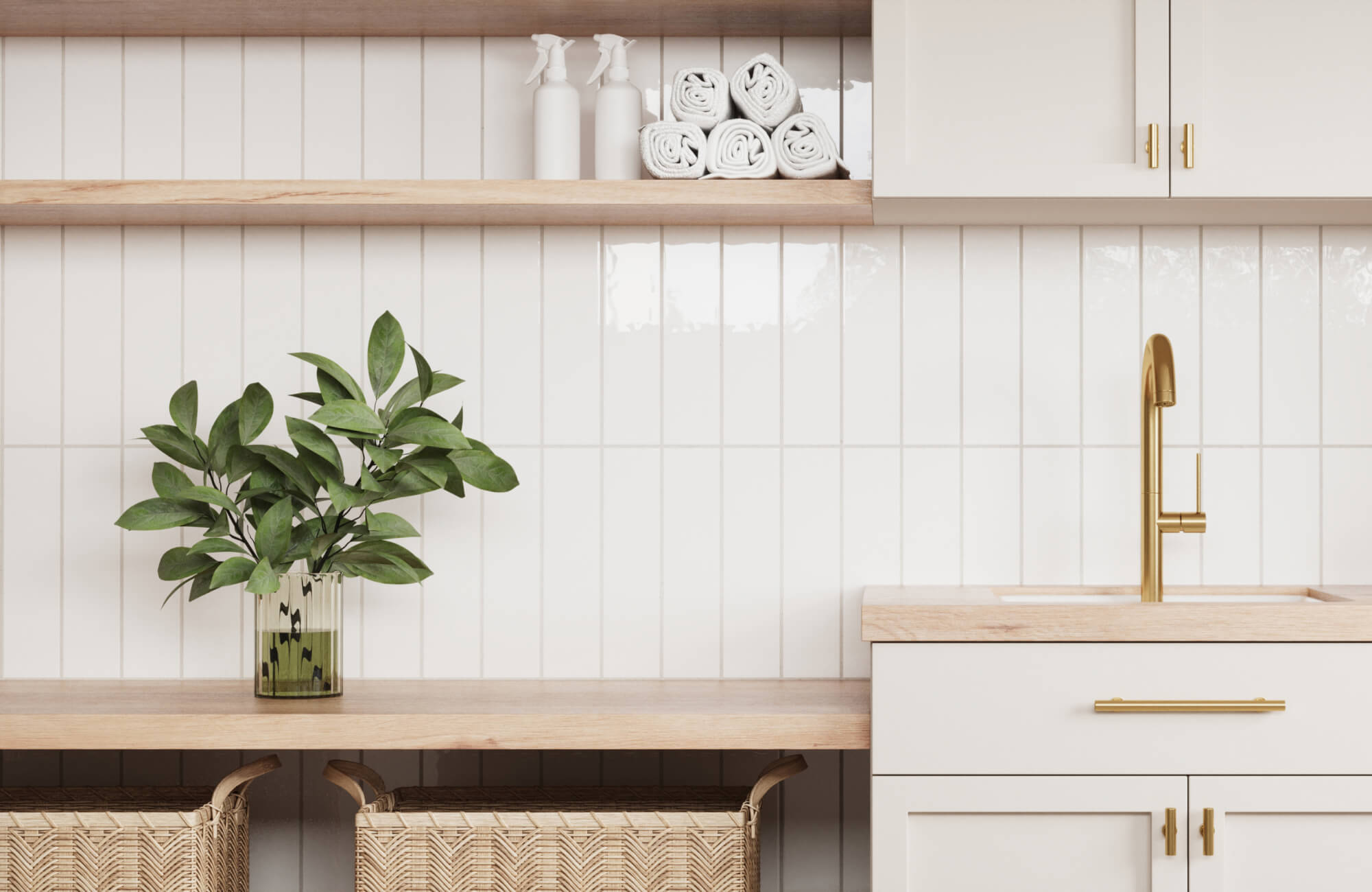Bright kitchen wall with vertical white subway tiles, light grout, wood shelves, brass faucet, and decorative plant styling.