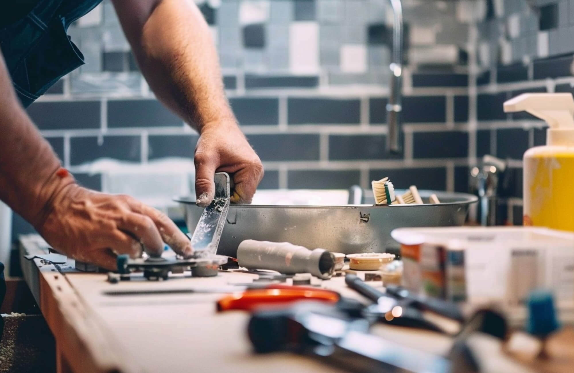 Close-up of hands cutting tile on workbench with tools, mortar residue, and subway tile backsplash in background.