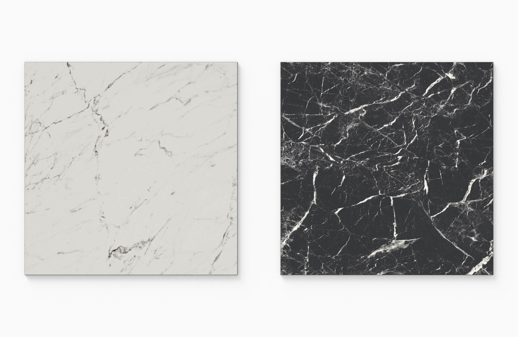 null Close-up of two marble tiles—one in crisp white with soft gray veining and the other in deep black with striking white veins—showcasing a timeless contrast ideal for elegant and modern design applications.