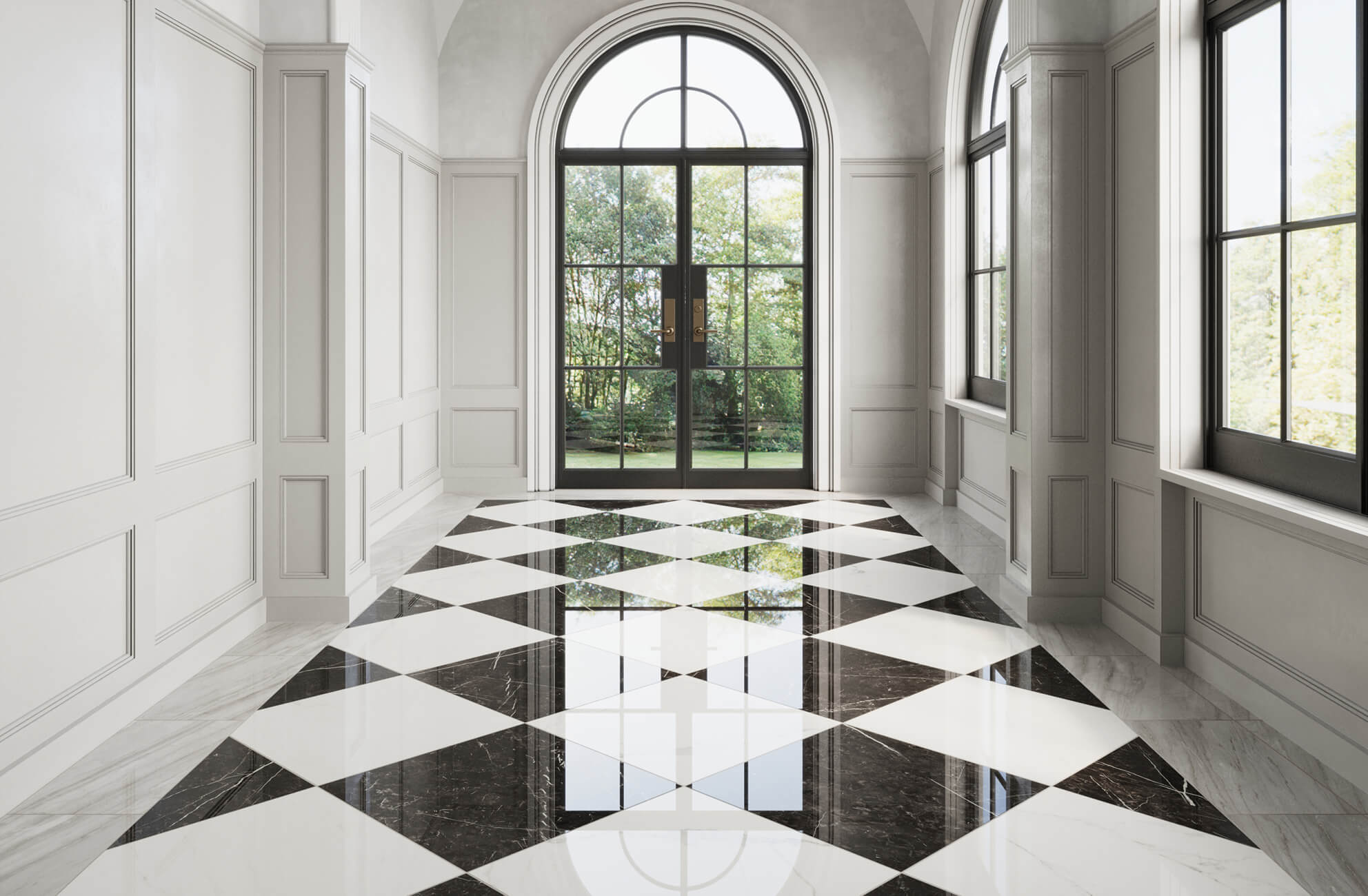 null Elegant entryway with glossy black and white marble tiles arranged in a diamond pattern, framed by tall arched windows and paneled walls that reflect natural light to create a luxurious and timeless atmosphere.