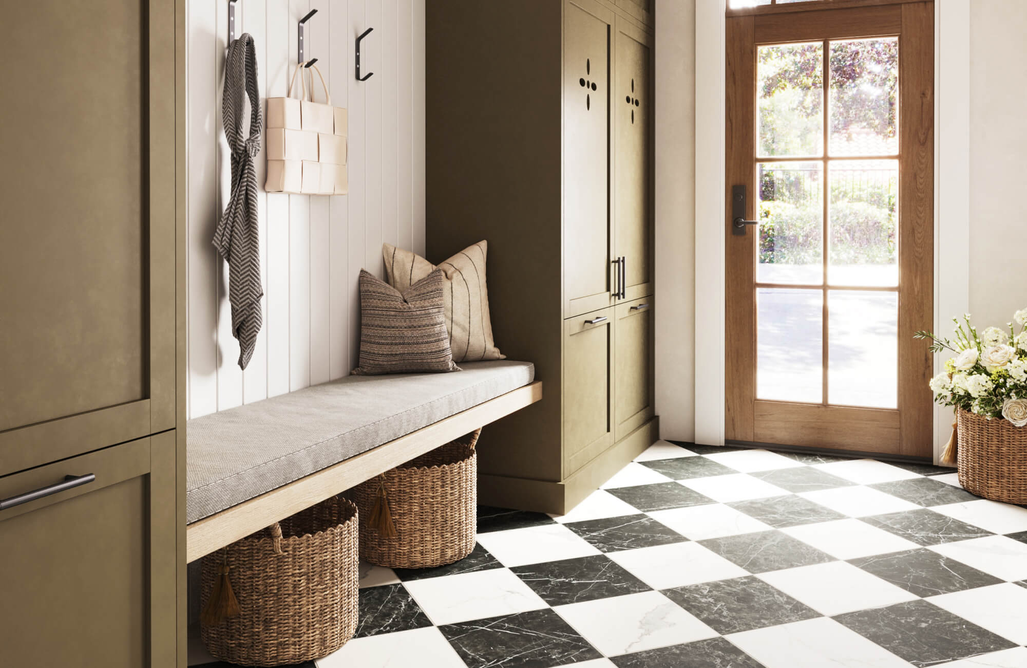 null Inviting mudroom featuring black and white marble checkered flooring, olive-toned cabinetry, woven storage baskets, and natural wood accents that blend warmth and elegance in a cozy, functional space.