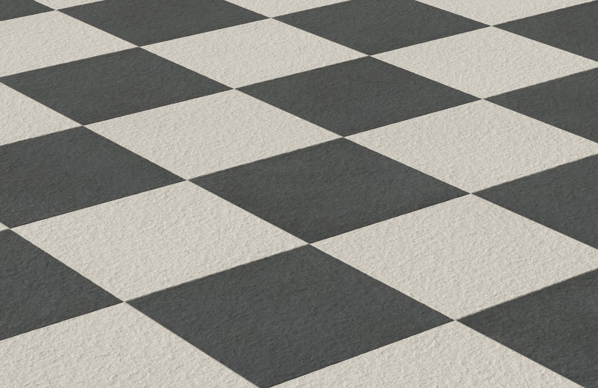 null Close-up view of textured black and white checkered tiles arranged in a diagonal pattern, showcasing a matte stone-like finish that adds depth and character to a classic design.