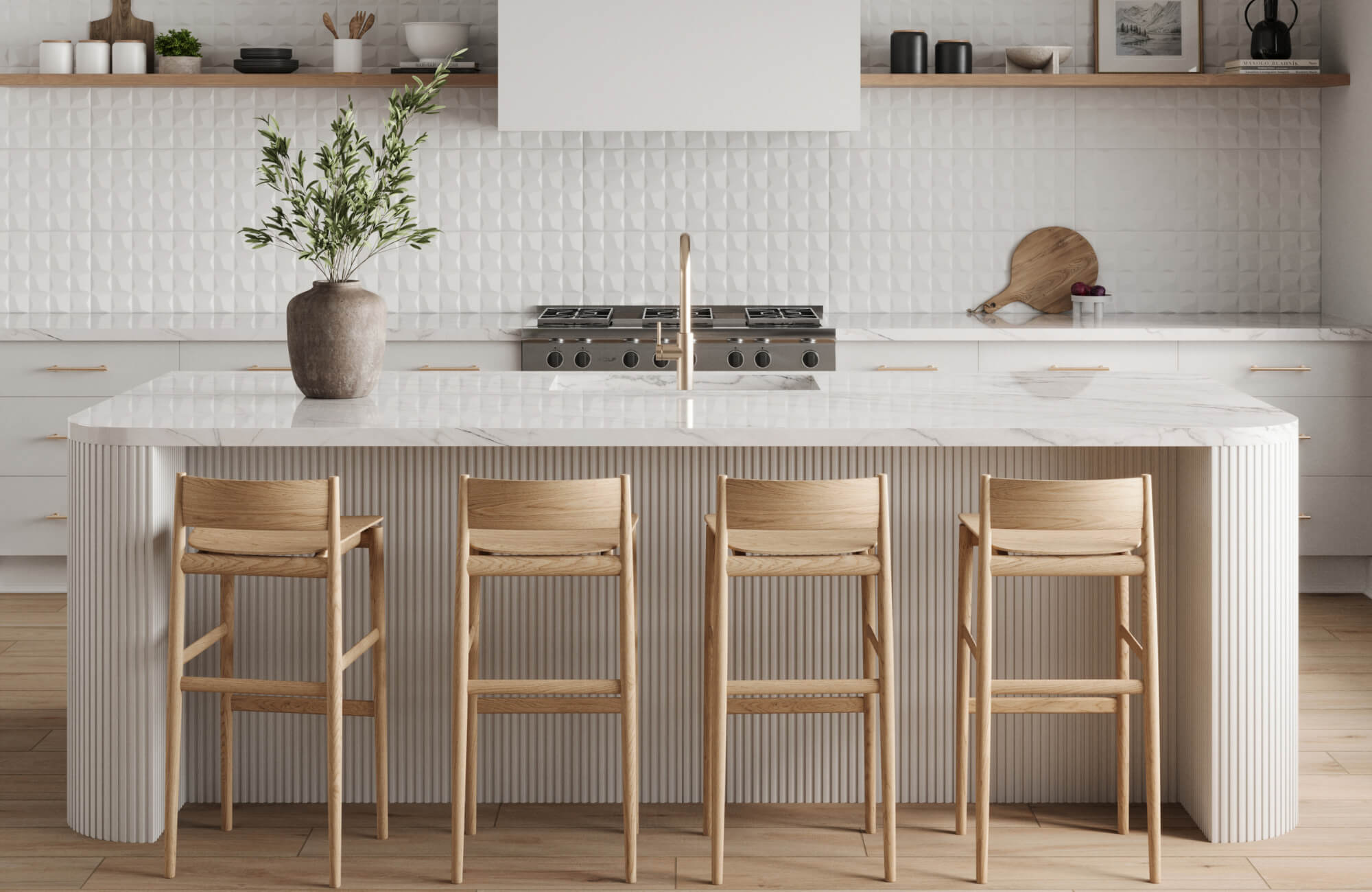 null Modern kitchen with textured white tile backsplash, marble island, wood bar stools, and open shelving styled with minimalist decor.