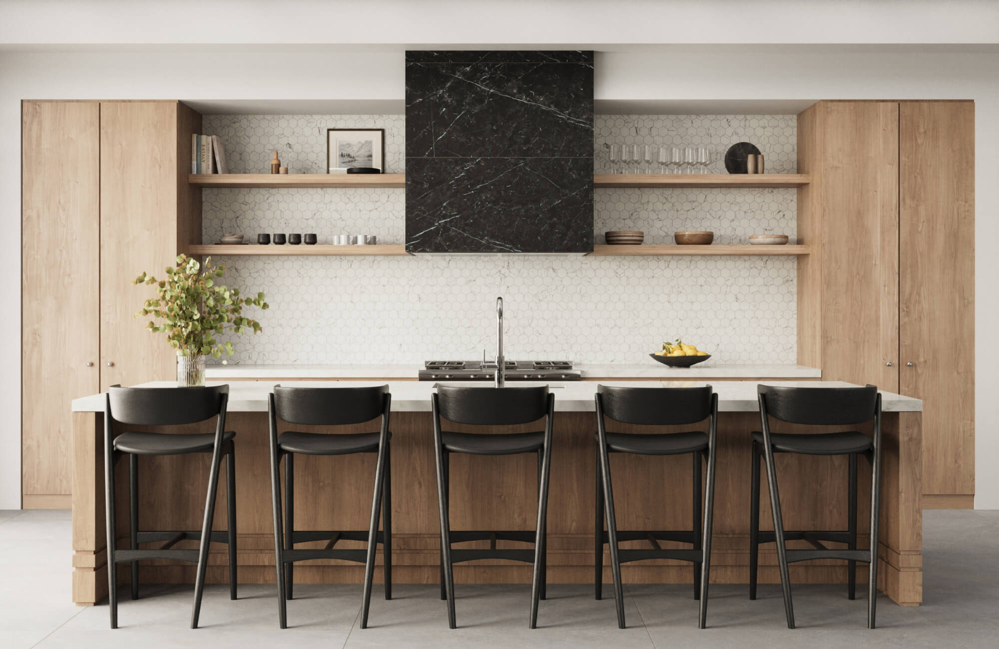 null Contemporary kitchen with white hex tile backsplash, wood cabinetry, black range hood, and black bar stools at a marble island.