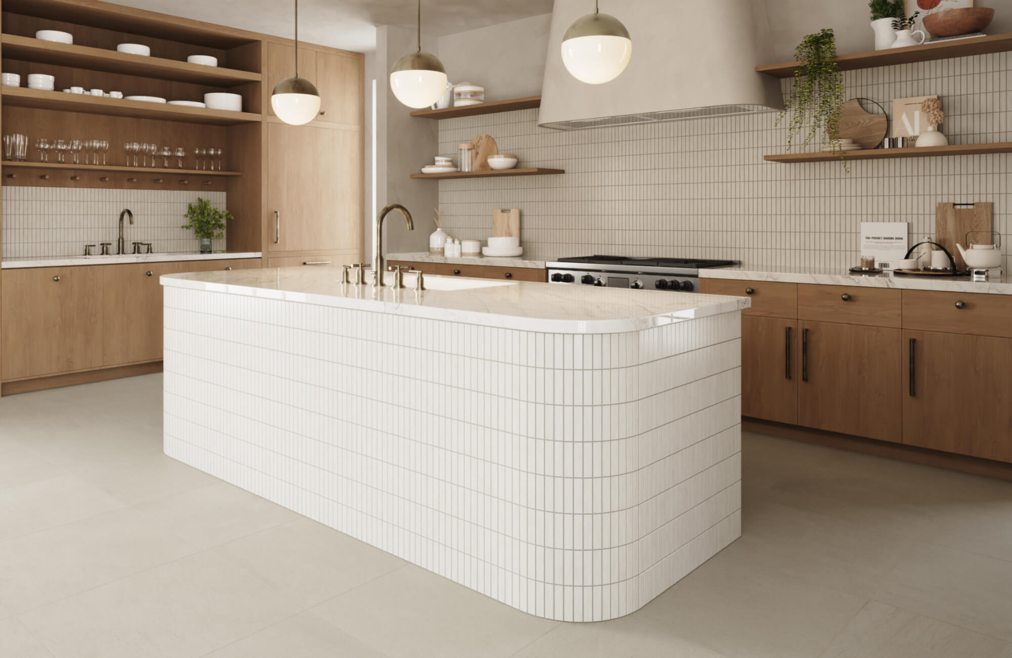 null Contemporary kitchen with vertical white ceramic tile island, light wood cabinets, open shelving, and brass fixtures under globe pendant lights.