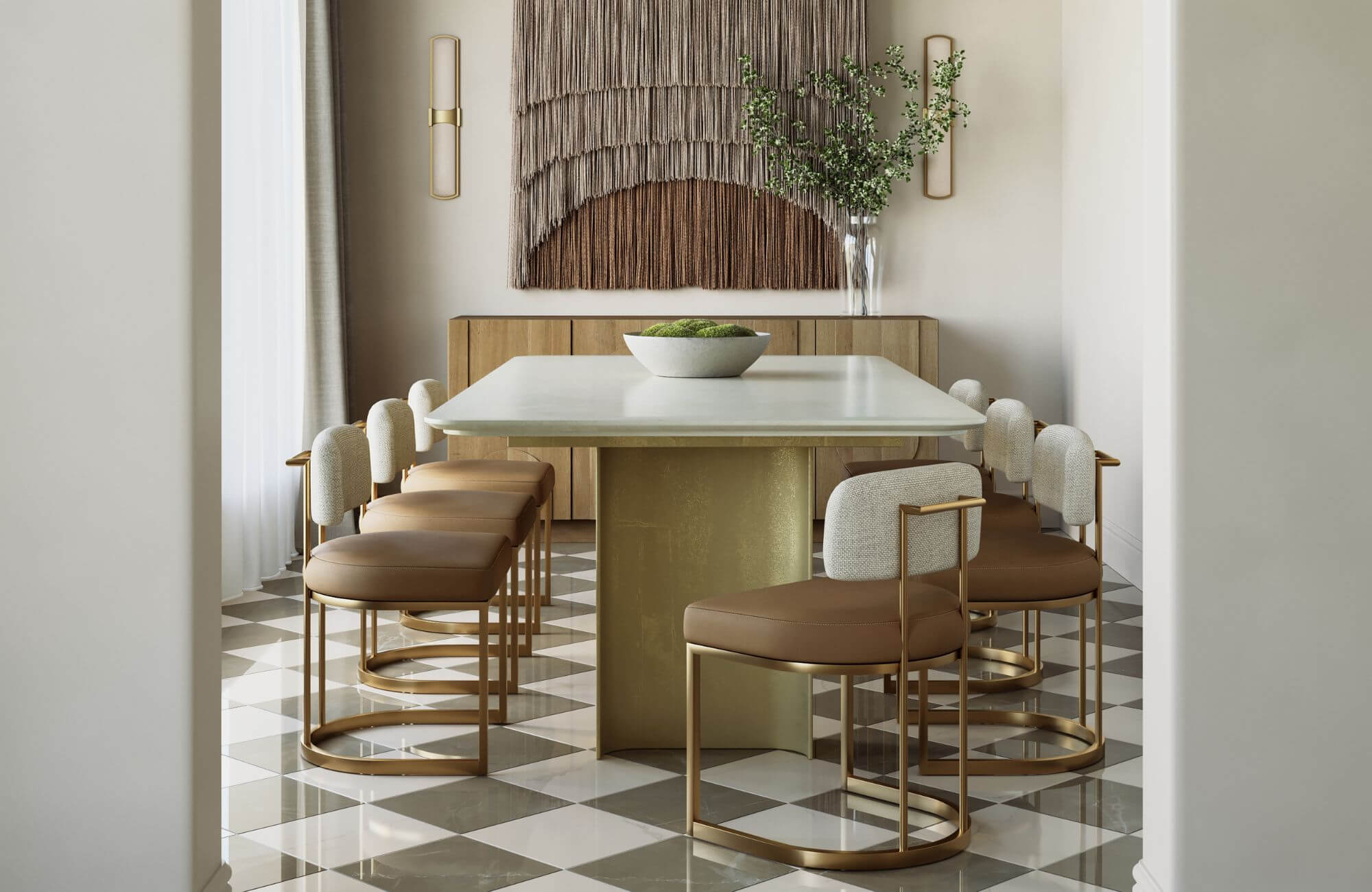 null Modern dining room with marble-look checkerboard tile flooring, gold accents, and neutral furniture creating an elegant contemporary interior.