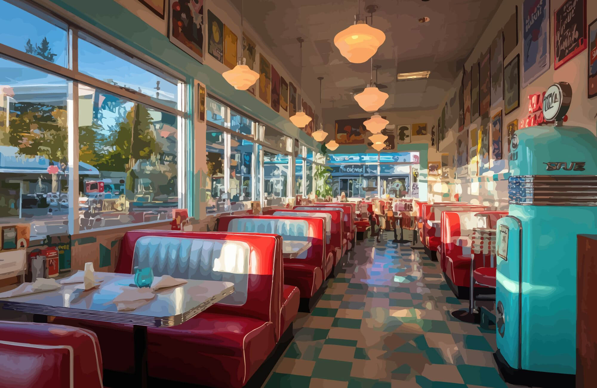 null Vintage American diner interior illustration with red booths, teal refrigerator, and retro checkerboard tile floor inspired by classic diners.