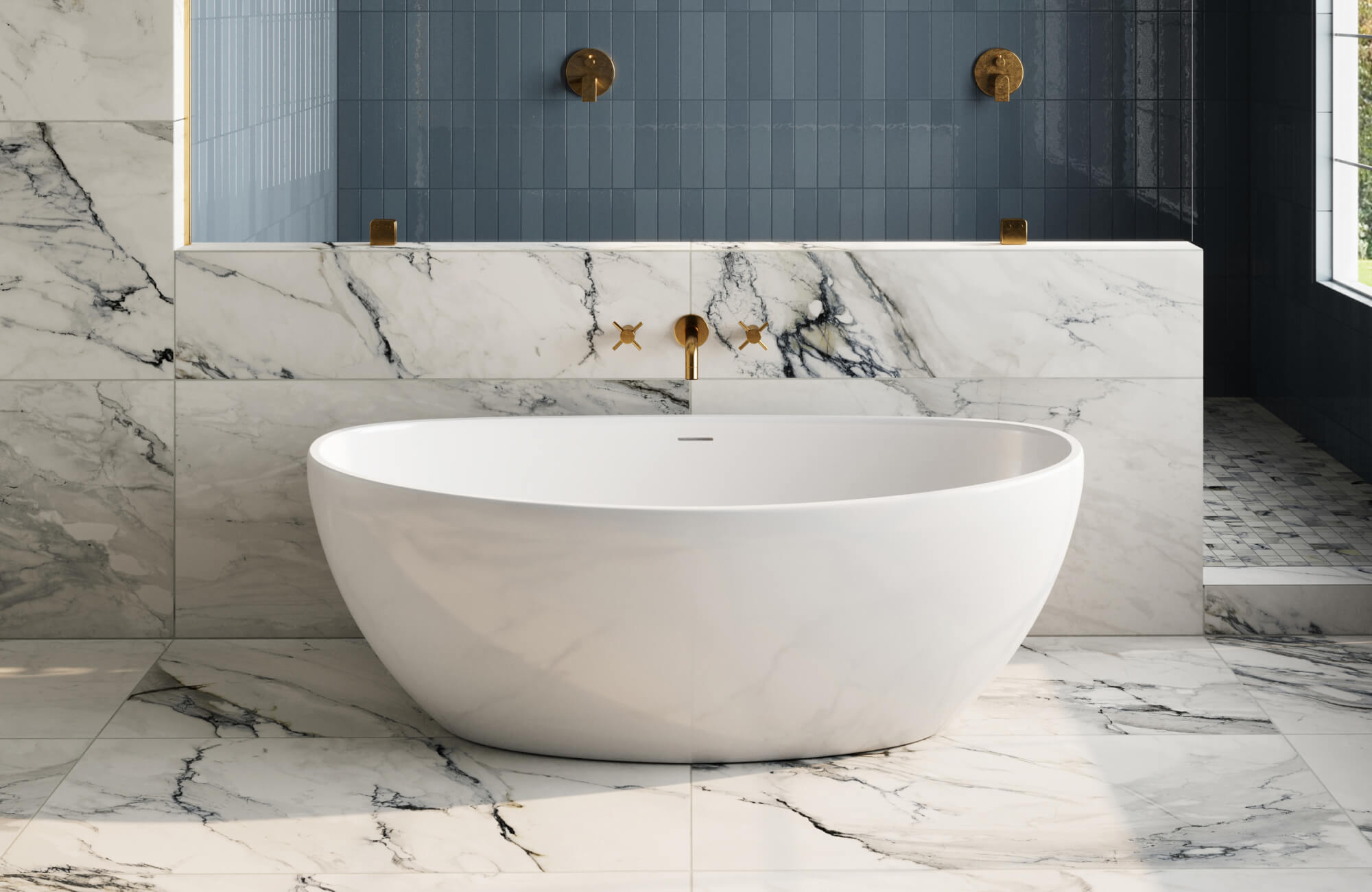 null Contemporary bathroom with freestanding tub, marble wall panels, and marble-look floor tiles with bold veining.