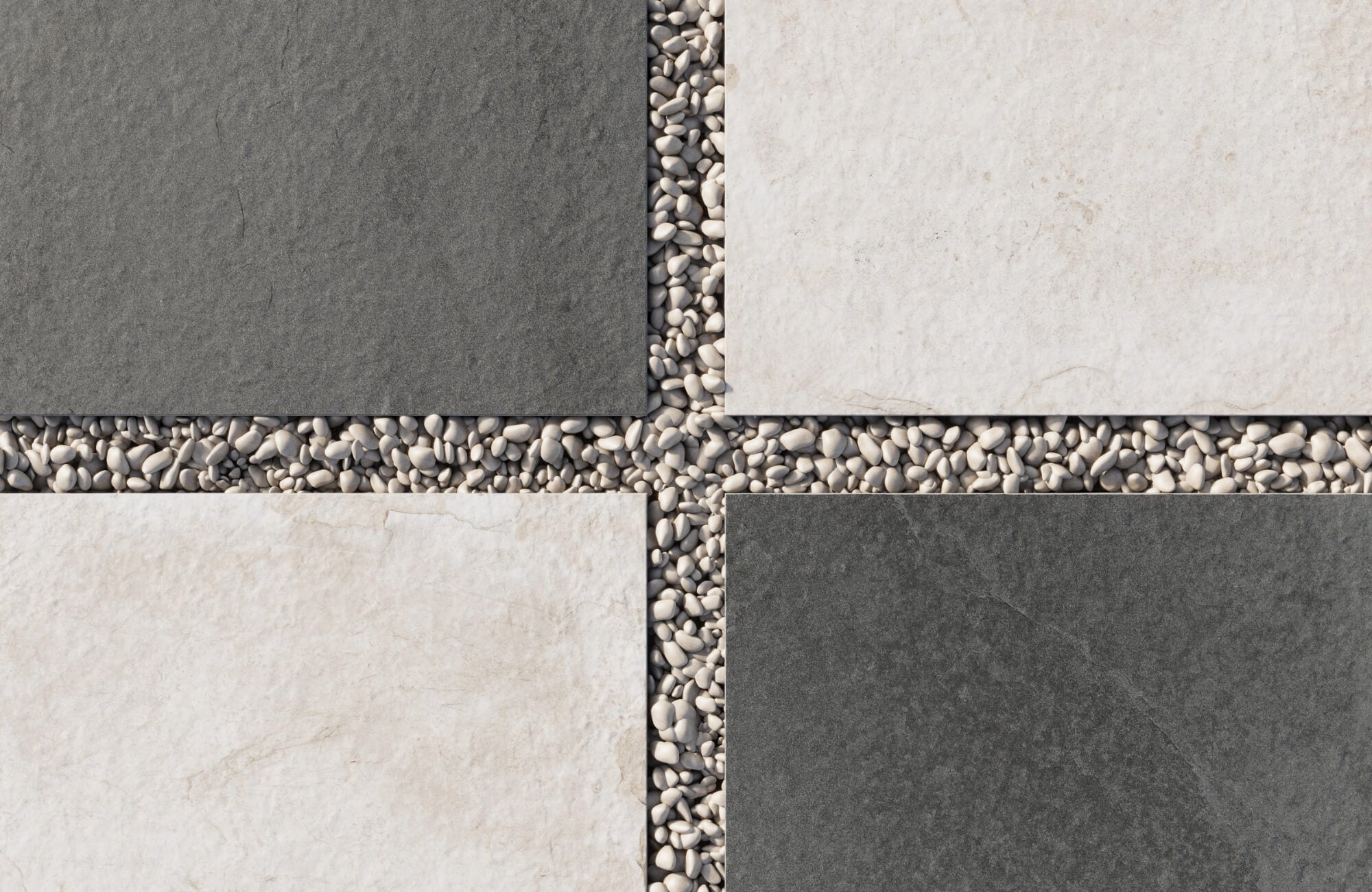 Close-up of black and white checkerboard pavers with pebble-filled joints, highlighting texture, contrast, and permeable design elements.