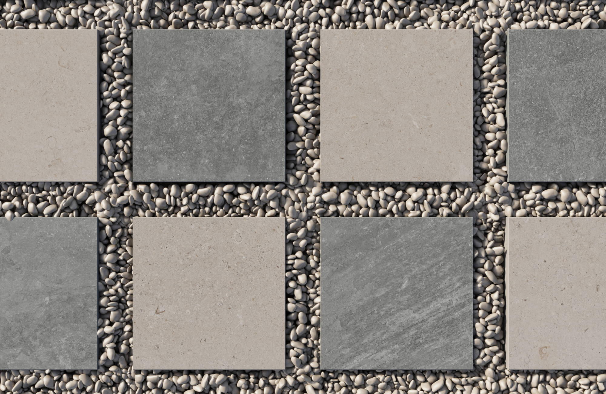 Overhead view of alternating light and dark square pavers set in small river pebbles, forming a clean checkerboard outdoor surface.