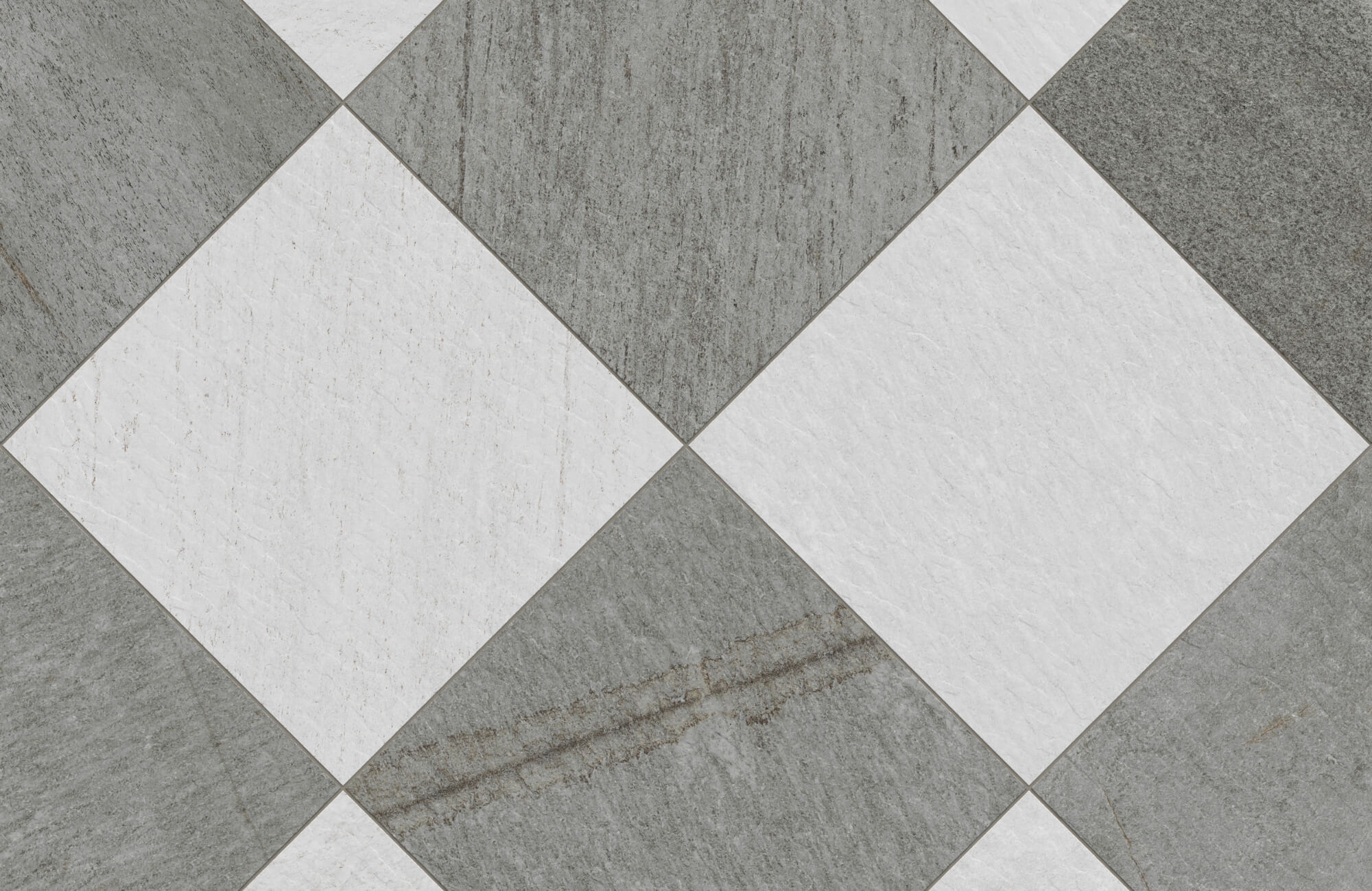 Diagonal view of textured light and dark stone pavers arranged in a diamond checkerboard pattern, highlighting contrast and natural detail.