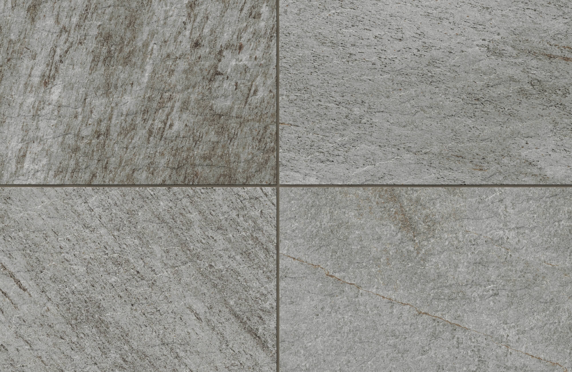 Textured stone-look tiles in varying gray tones with natural veining and rugged, slate-like patterns.