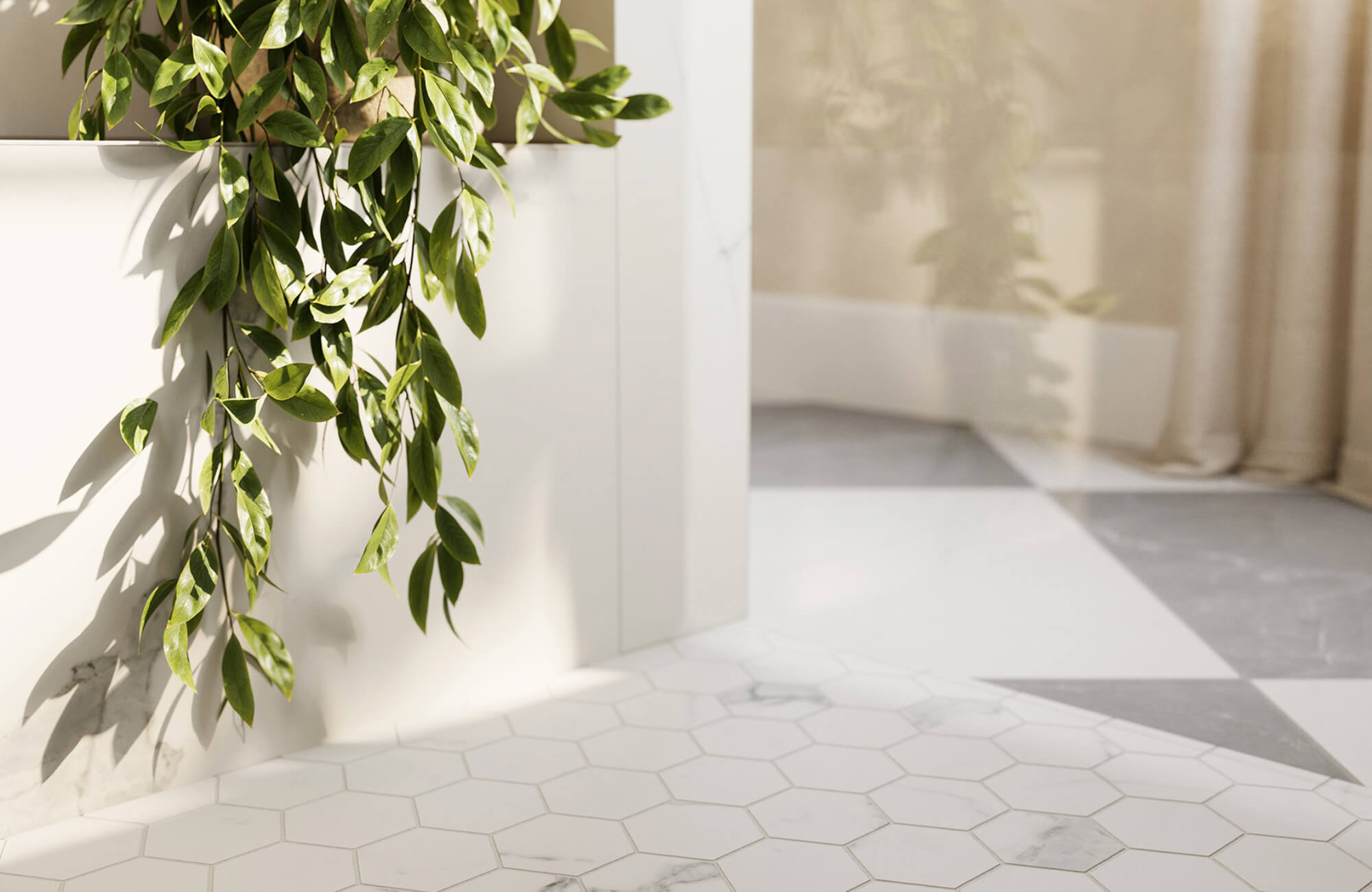 Bright interior space featuring white marble hexagon floor tiles, natural light, and cascading green plant accents for a serene look.