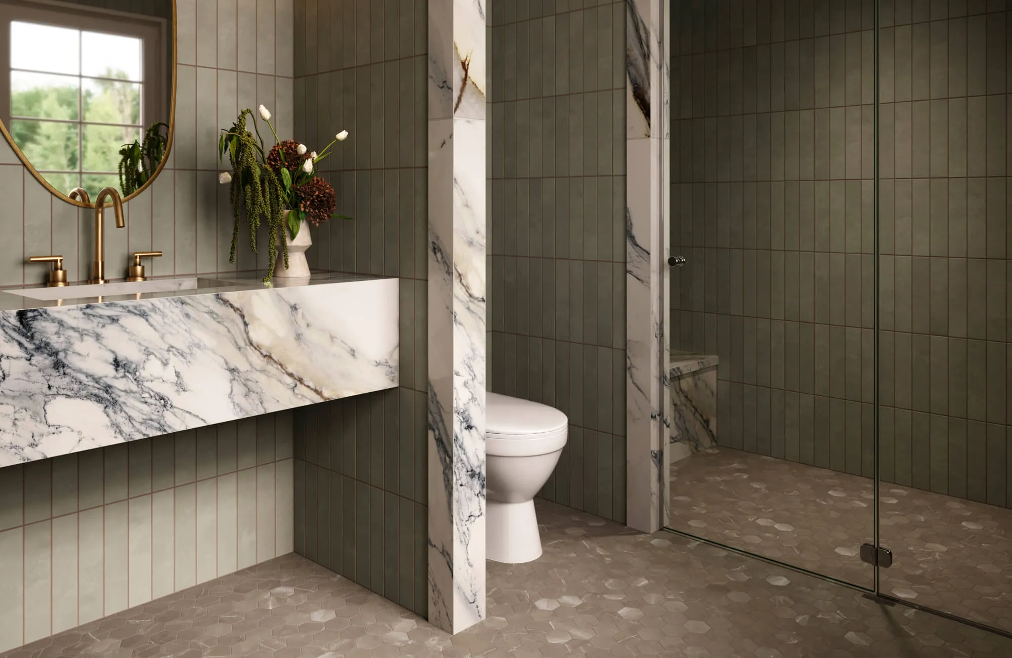 Bathroom vanity with polished white marble look surfaces, dark dramatic veining, sage vertical wall tiles, brass fixtures, a round mirror, and a glass shower enclosure.