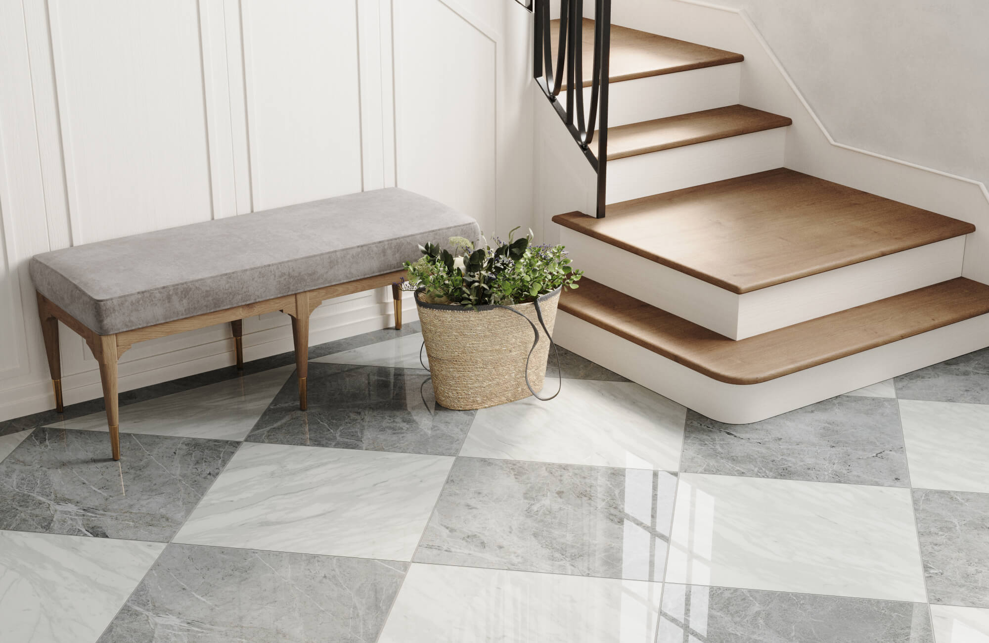 null Elegant entryway with a staircase featuring light wood steps, a cozy grey bench, and a basket of greenery on polished grey and white checkered tiles
